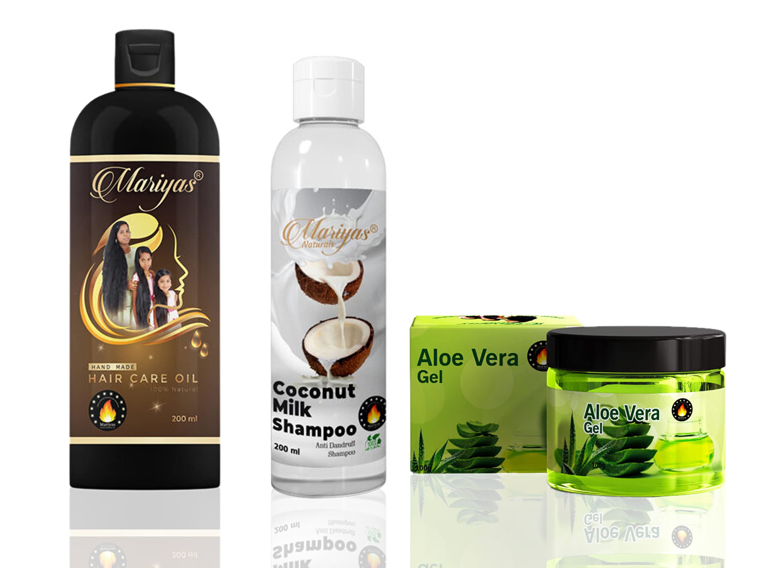 Mariyas Herbal Natural Hair Oil 200ml, Coconut Milk Shampoo 200ml & Aloe Vera Hair Gel Set - Organic Hair Care for Dry, Damaged Hair - Perfect for Daily Hydration and Scalp Treatment