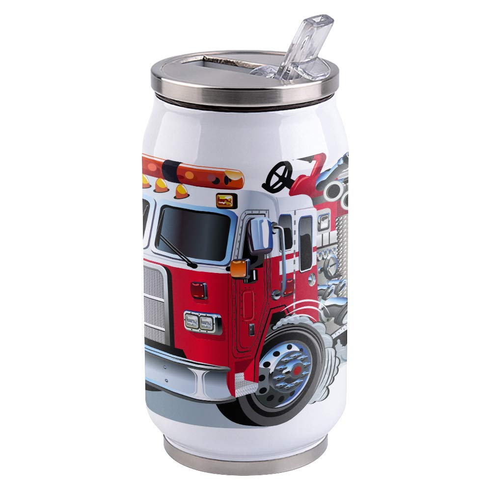14oz Stainless Steel Tumbler with Lid & Straw - Double Wall Vacuum Insulated Travel Mug for Hot & Cold Drinks - Fire Truck Design Water Bottle for Adults & Kids - Perfect for Office, Gym, Camping & Road Trips