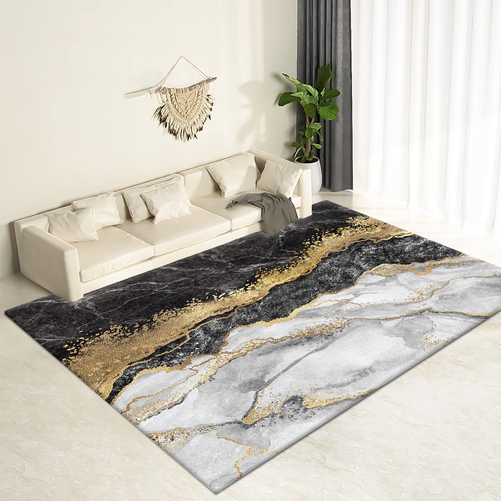 Abstract Modern Marble Area Rug 5' x 6' - Black & Gold Marble Pattern Non-Slip Floor Carpet for Living Room, Bedroom & Home Decor - Perfect for Sofa, Coffee Table & Dining Area