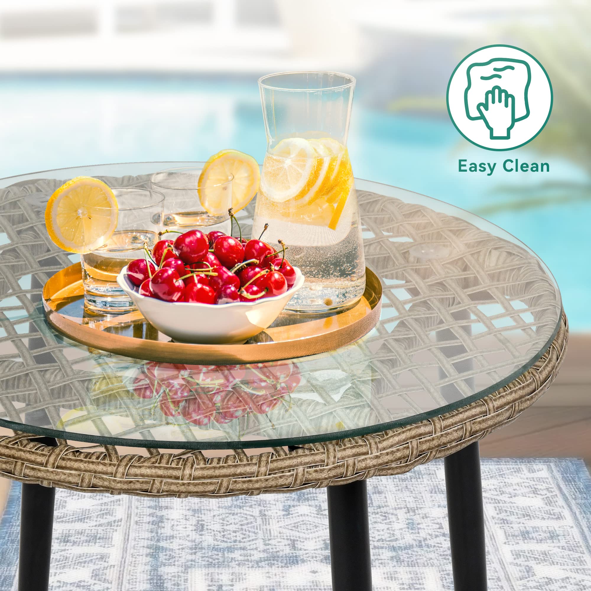 YITAHOME 3-Piece Wicker Patio Furniture Set - Outdoor Rattan Chairs with Cushions & Glass Side Table - Gray Balcony Conversation Set for Backyard, Apartment, Garden (Perfect for Relaxing & Entertaining Outdoors)