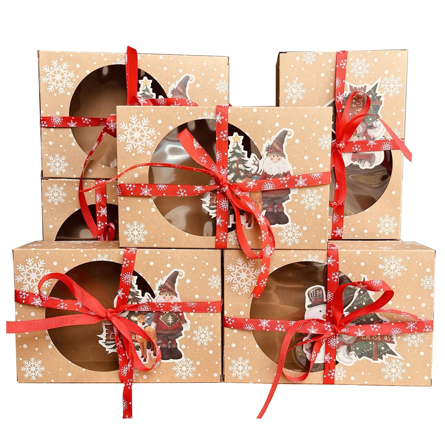 12 Pack Christmas Cookie Boxes with Window - Food Grade Kraft Bakery Treat Boxes with Oil Paper & Ribbons - Holiday Cupcake Gift Boxes for Christmas Party Favors, Baking Treats & Cookie Storage