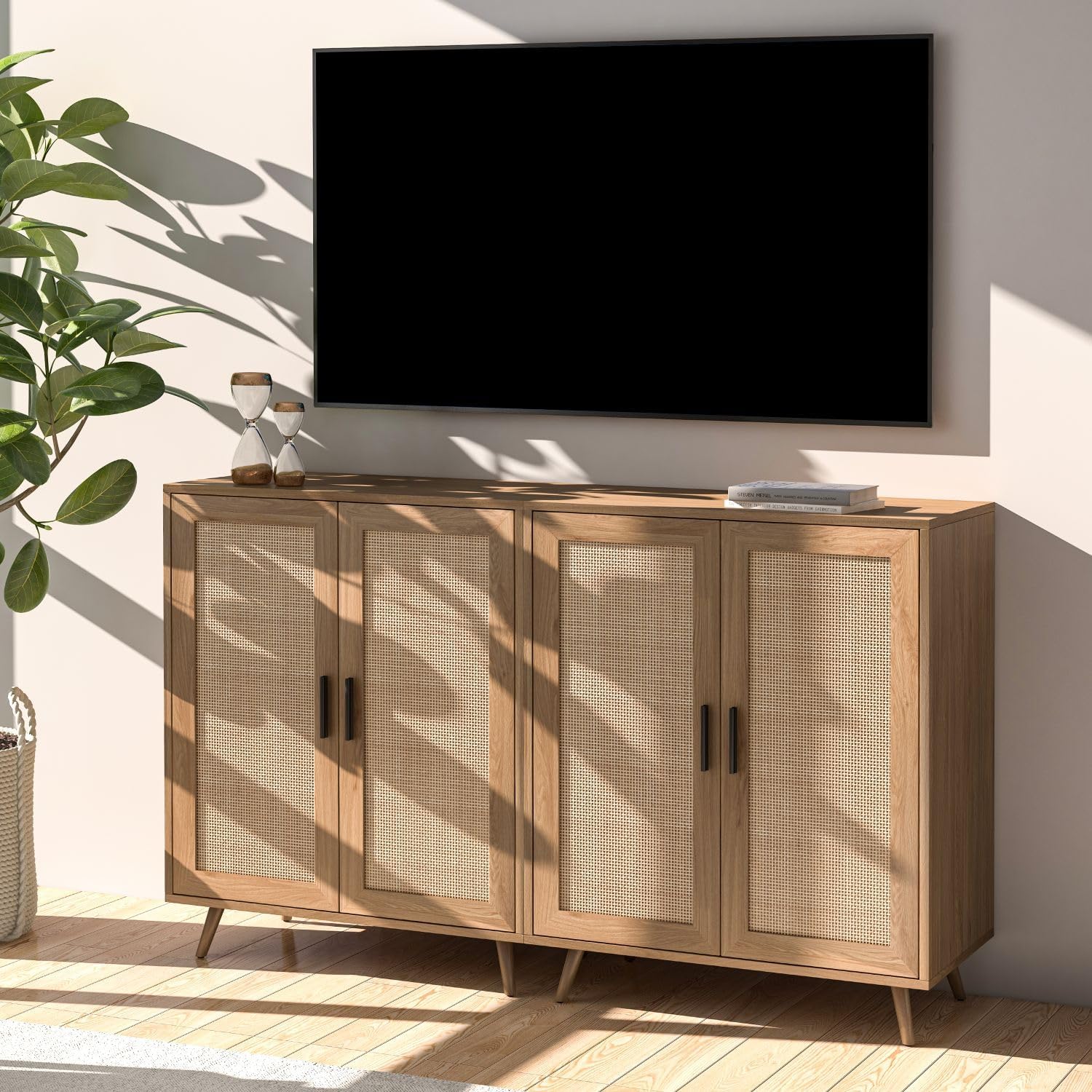 Xilingol Rattan Storage Cabinet - Buffet Sideboard with Woven Rattan Doors & Solid Pine Wood Feet - Entryway, Hallway, Living Room Accent Furniture - Perfect for Farmhouse, Coastal, or Boho Home Decor