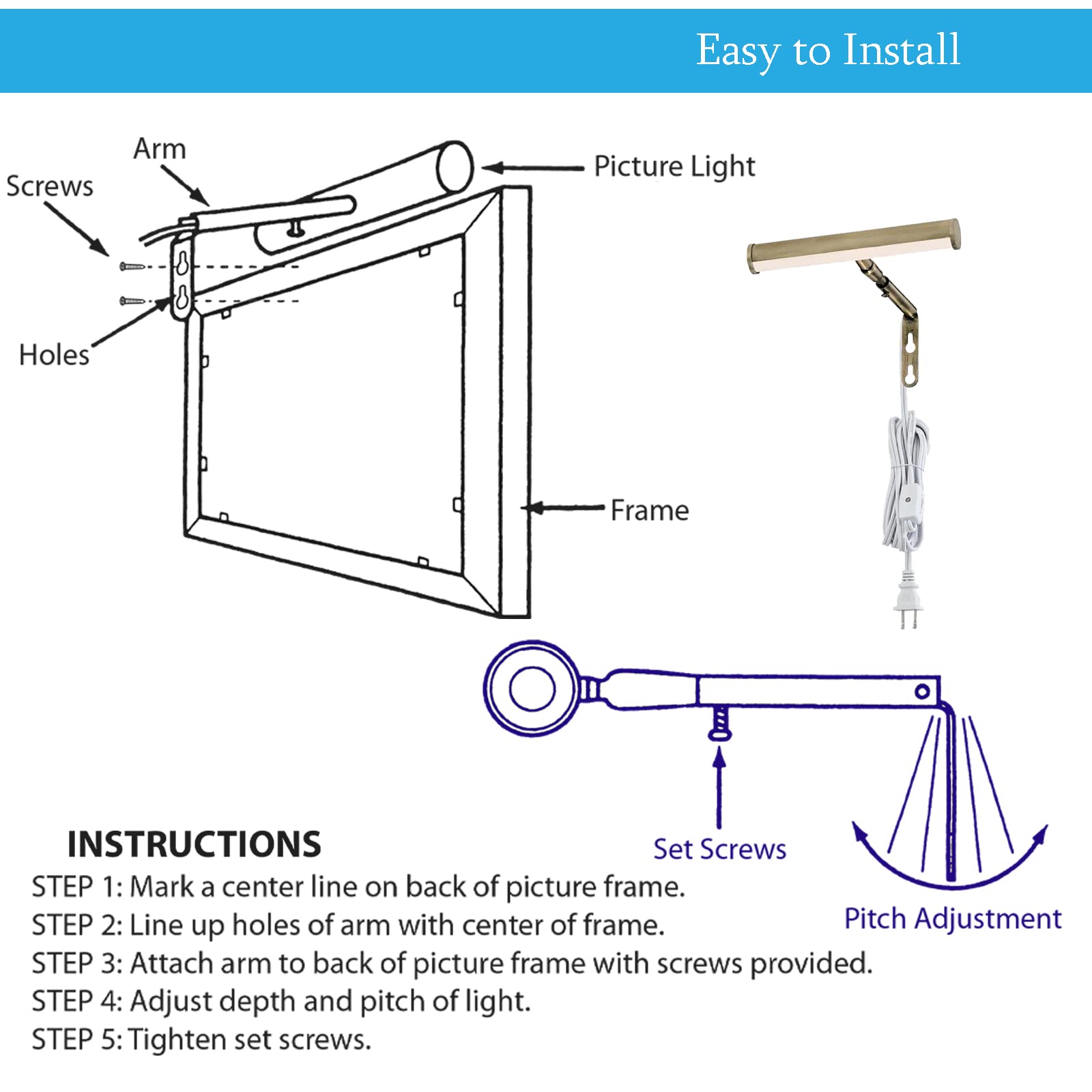 Ciata Adjustable 7-Inch Integrated LED Picture Light - 15W Artwork Lighting with E12 Candelabra Base & On/Off Switch - Antique Brass Wall Frame Light for Paintings, Photos & Home Decor