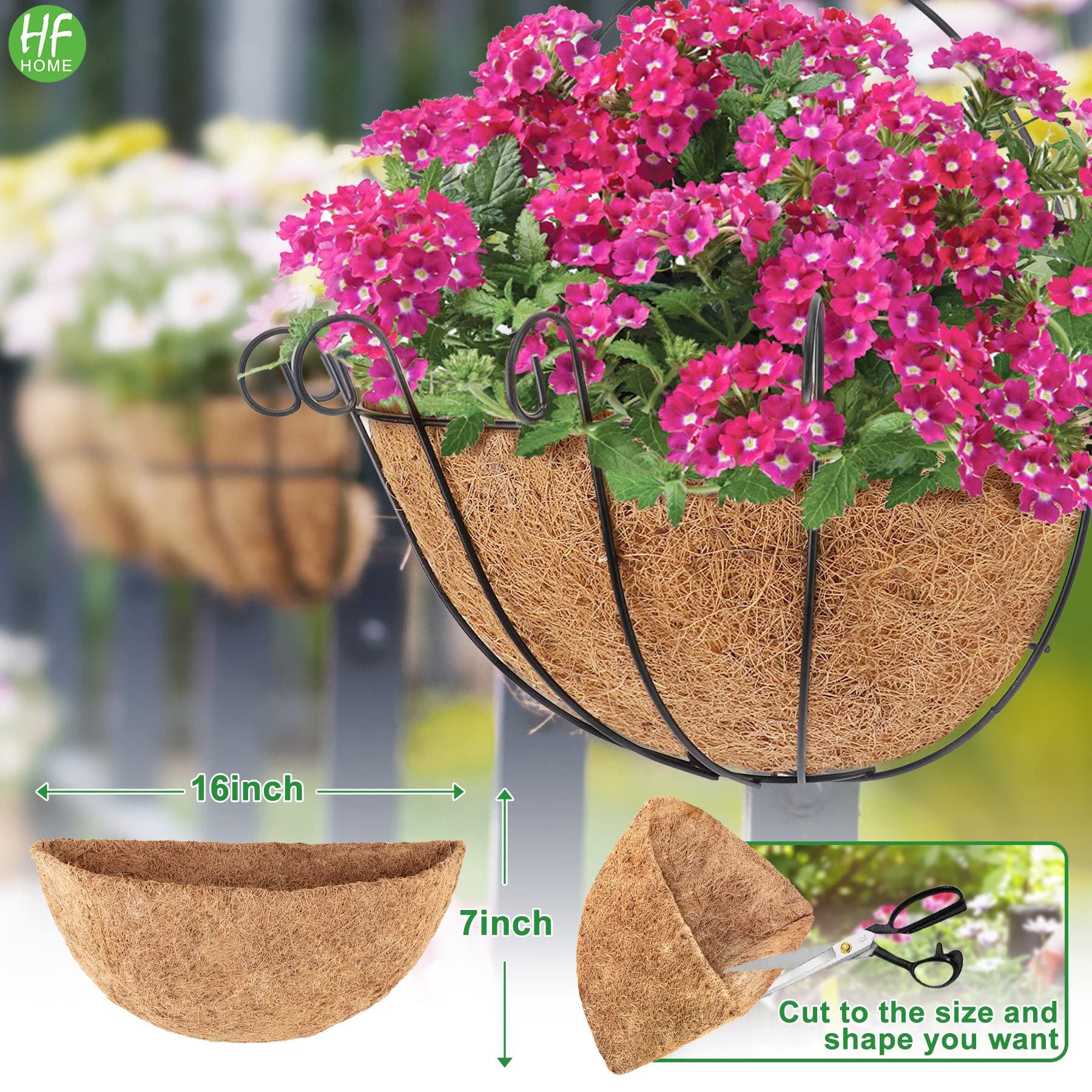 HFHOME 4 Pack 16 Inch Half Round Coco Liner - Natural Coconut Fiber Replacement Liners for Wall Hanging Baskets & Planters | Perfect for Indoor/Outdoor Vertical Gardens, Balcony Decor & Home Greenery