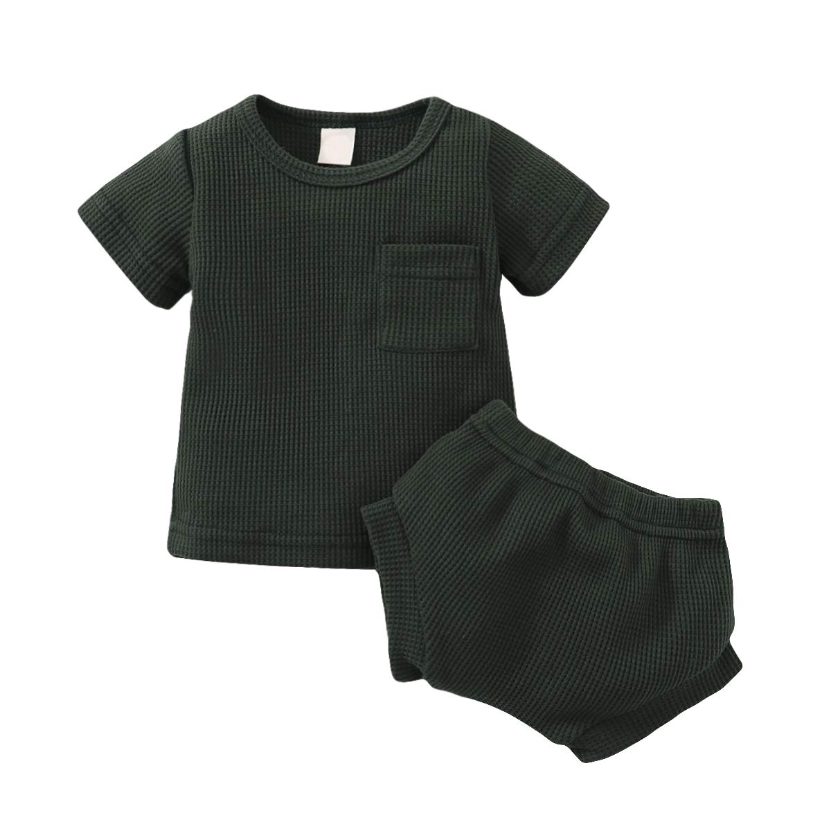 Summer Toddler Baby Clothes Set - Unisex Short Sleeve Pocket Shirt & Waffle Knit Shorts Outfit for Boys & Girls | Perfect for Playtime, Beach Trips & Family Photos