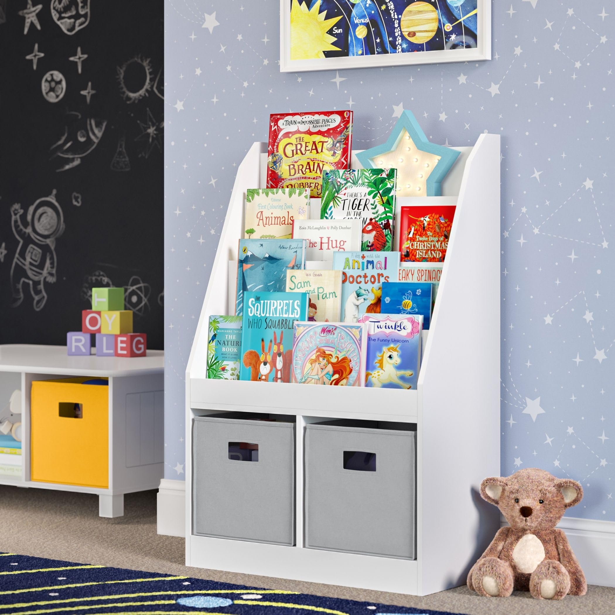 RiverRidge Kids Bookshelf & Toy Storage Organizer with 4 Book Racks, 2 Cubbies and 2 Gray Storage Bins - Versatile Book Nook Toy Tidy for Bedroom, Playroom & Nursery Organization