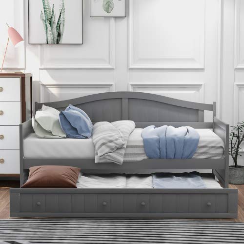 Twin Wooden Daybed with Trundle - Convertible Sofa Bed for Bedroom & Living Room | Space-Saving Twin Size Bed Frame with Storage | Gray Modern Furniture for Adults & Guest Rooms | Perfect for Small Spaces, Home Offices & Dorm Rooms