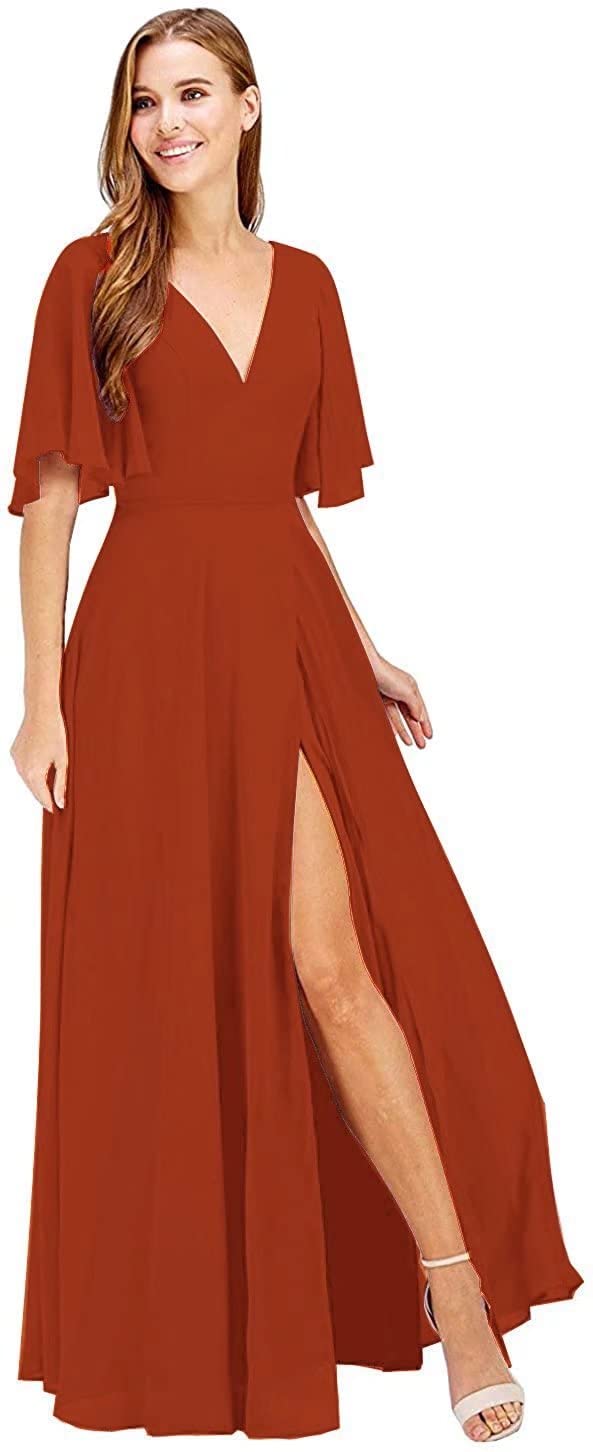 Elegant V-Neck Chiffon Bridesmaid Dresses Long with Slit - A-Line Formal Party Gowns with Sleeves for Women | Perfect for Weddings, Proms & Evening Events