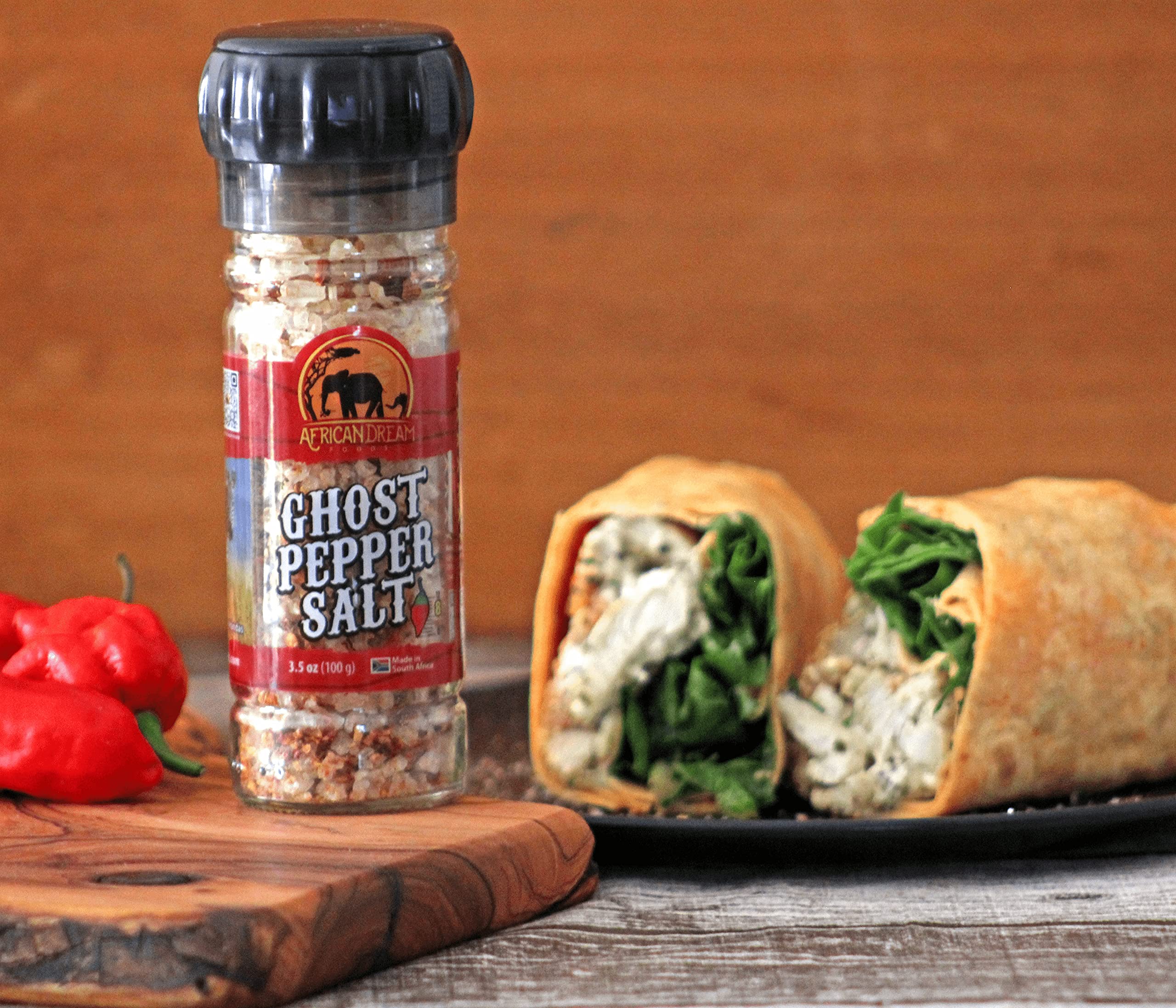 African Dream Foods Ghost Pepper Salt Seasoning - Spicy Chili Salt with Natural Ghost Peppers & Sea Salt | Hot & Flavorful Grinder for Meat, Chicken, Seafood | Perfect for BBQ, Grilling & Home Cooking | 3.5 oz Reusable Bottle