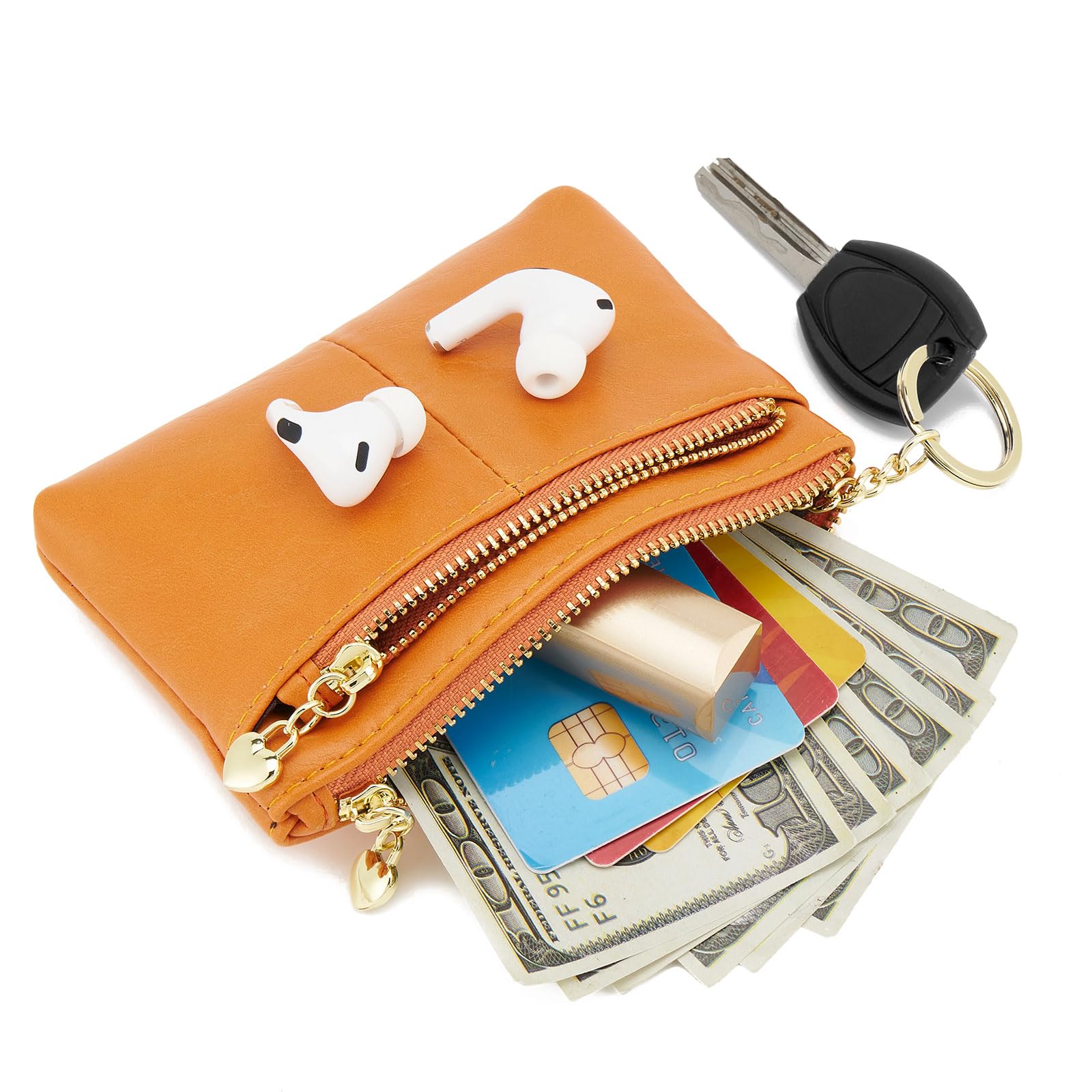 ZOOEASS Women's PU Leather Mini Coin Purse with Key Ring - Triple Zipper Card Holder Wallet for Credit Cards & Cash (Orange) | Perfect for Travel, Shopping & Everyday Use