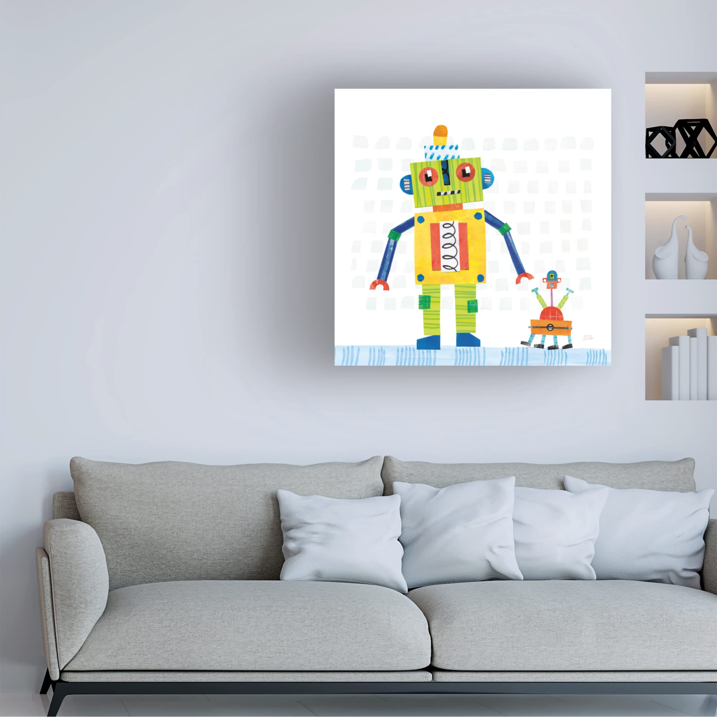Trademark Fine Art 'Robot Party IV on Square Toys' Canvas Art Print by Melissa Averinos - Modern Pop Art for Kids Room Decor & Playroom Wall Art