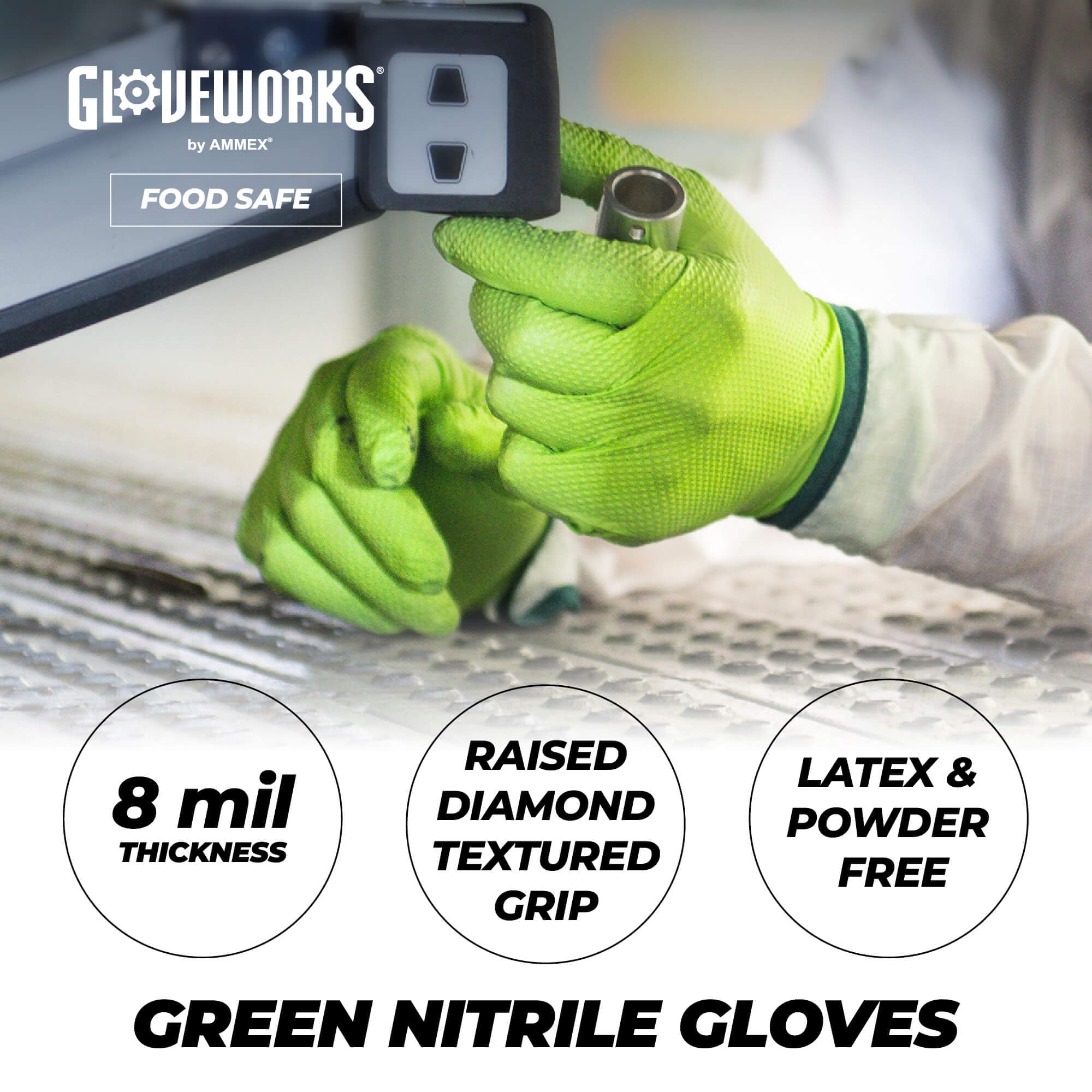 GLOVEWORKS HD Green Nitrile Disposable Gloves - 8 Mil Thick, Medium to XXL Sizes, Raised Diamond Grip for Enhanced Protection - Ideal for Medical, Laboratory, Cleaning, and Food Handling