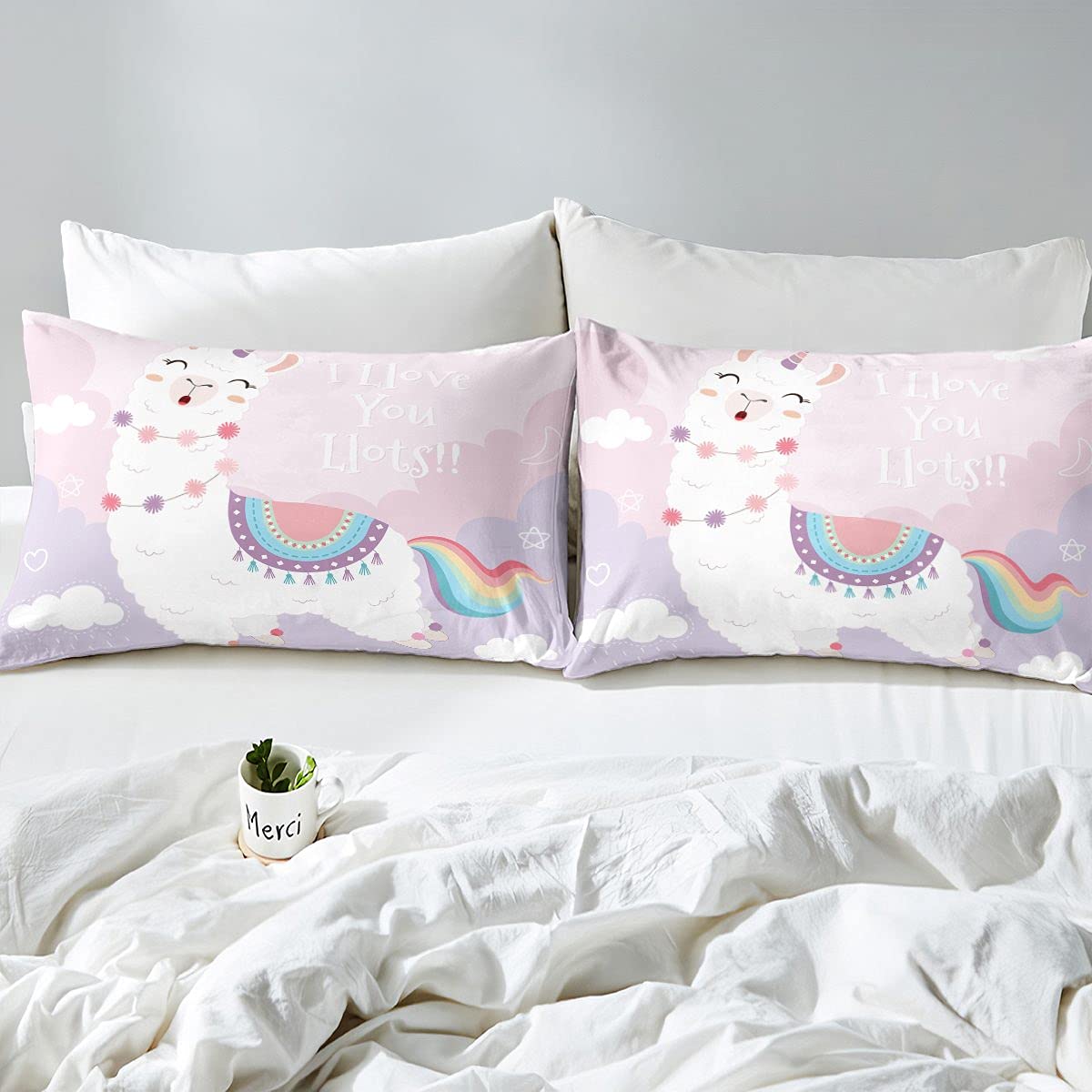 Erosebridal Full Size Llama Bed Sheet Set for Girls - Cute Kawaii Alpaca Bedding with Rainbow Animal Tail - 4 Piece Pink Purple Pastel Boho Fitted & Flat Sheet Set - Perfect for Kids' Room, Teen Bedroom & Dorm Decor