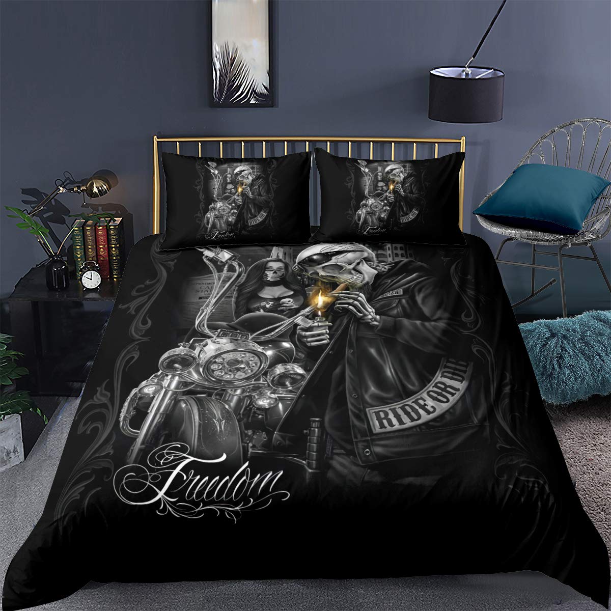 KAILI 3-Piece Skull & Beauty Duvet Cover Set - Gothic Dead Skull Couple Design, Twin Size Polyester Bedding with Zipper Closure | Perfect for Halloween Decor, Gothic Bedroom Theme & Alternative Home Styling