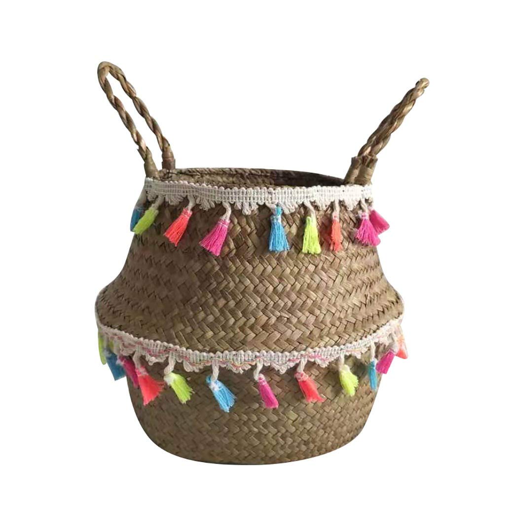 Natural Seagrass Wicker Basket - Foldable Storage Bin for Plants, Home Decor & Organizing | Perfect for Indoor/Outdoor Use as Flower Pot Holder, Decorative Basket or Laundry Hamper