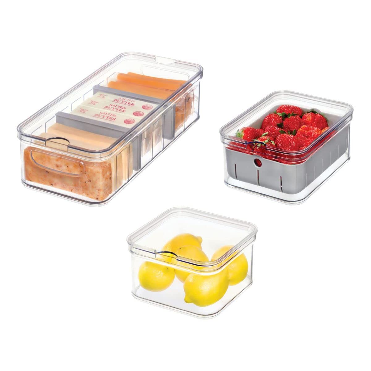 iDesign 3-Piece Clear/Gray Fridge Organizer Bins with Lids - Perfect for Kitchen Storage