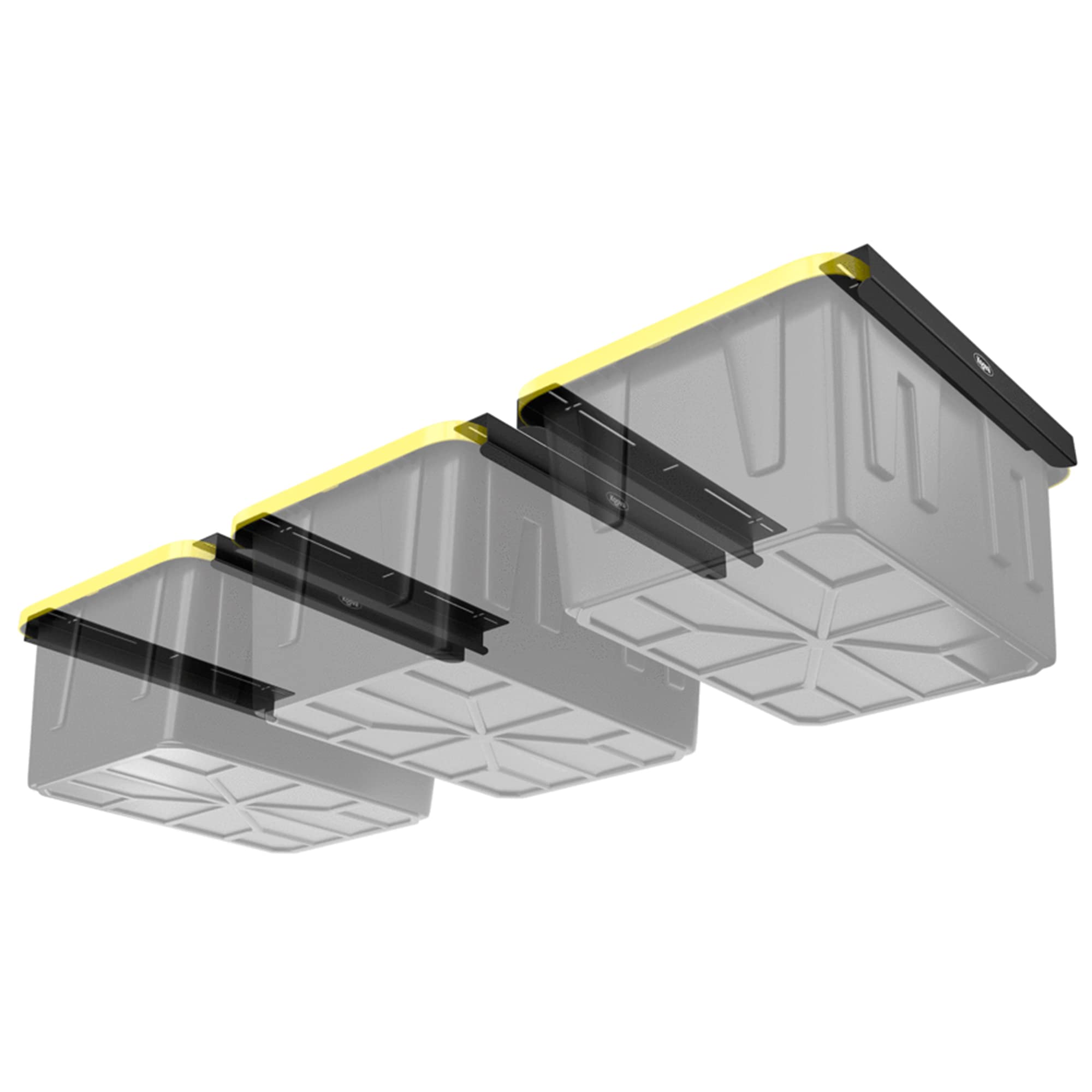 Koova Overhead Garage Storage Rack - Adjustable Ceiling Mount for 3 Black & Yellow Bins | Heavy Duty Organizer for Garage, Basement & Attic | Easy Installation | Made in USA (3-Pack)