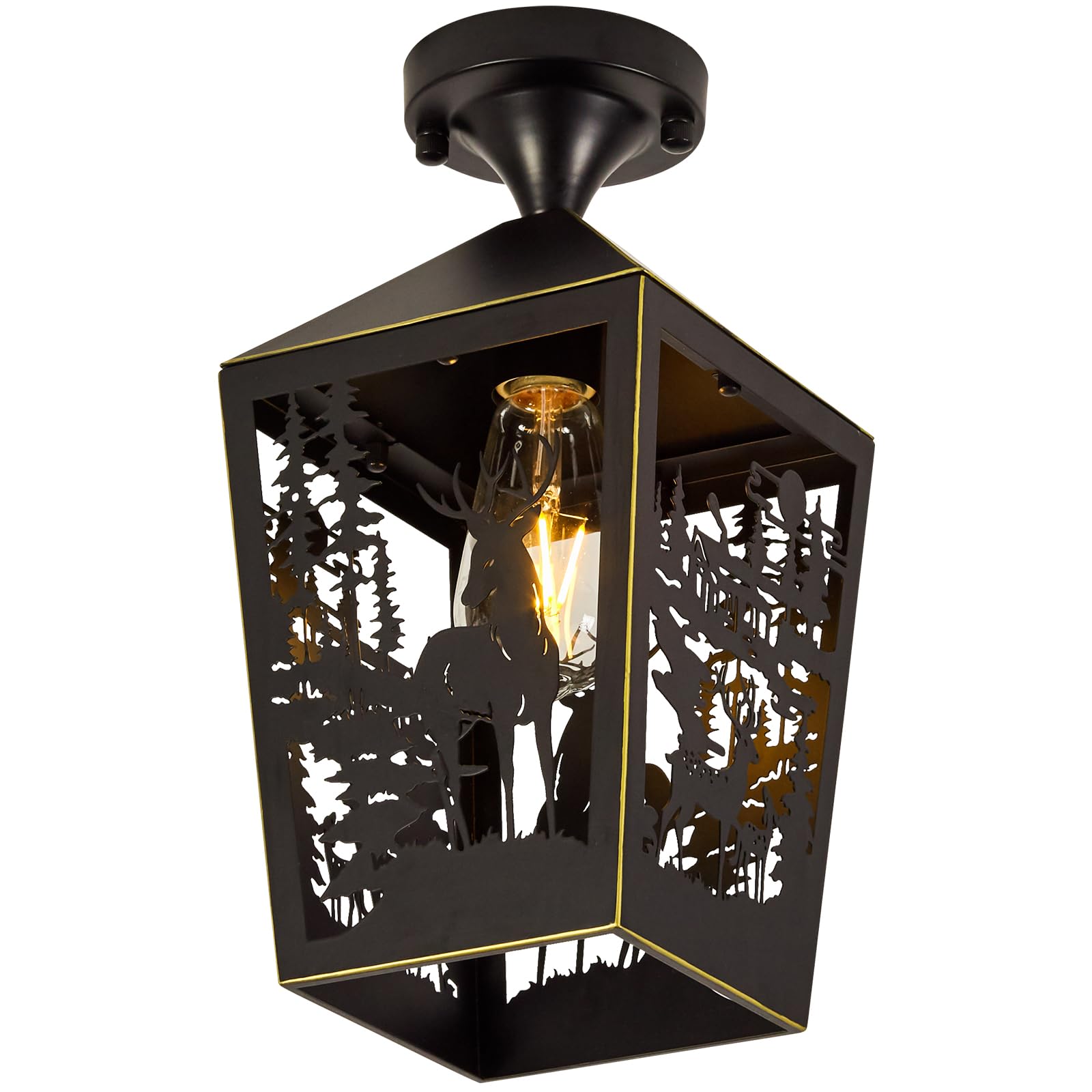 Rustic Black Metal Farmhouse Semi Flush Mount Ceiling Light Fixture with Deer Design - Perfect for Log Cabin, Hallway, Foyer, Kitchen, Balcony & Outdoor Porch Lighting (Bulbs Not Included) | Cozy Cabin & Country Home Decor