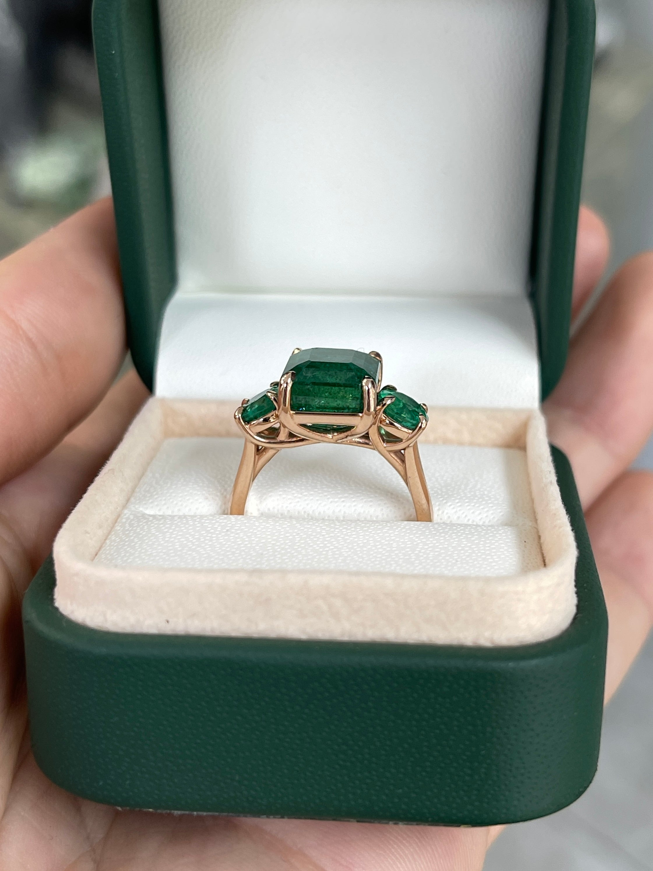 6.90tcw Natural Emerald Gemstone - Emerald Cut & Round Cut Three Stone 14K Rose Gold Engagement Ring for Women | Elegant Wedding, Anniversary & Proposal Jewelry Gift