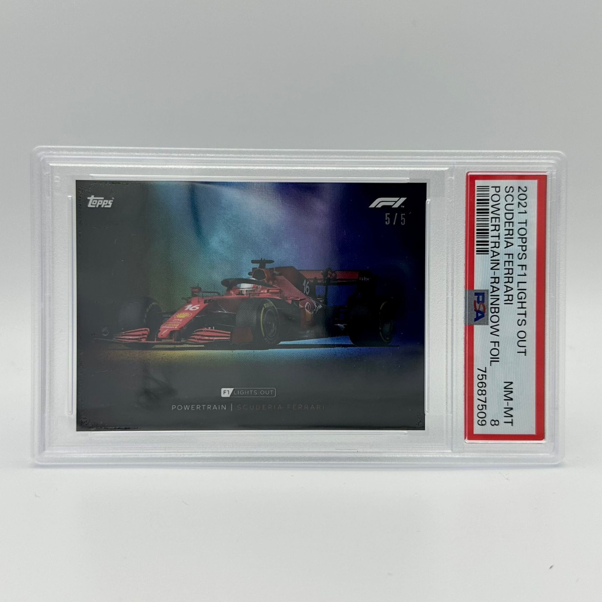 PSA 8 Graded 5/5 Ferrari Powertrain Rainbow Foil Trading Card - Perfect for Collectors, Investors & Racing Fans Display
