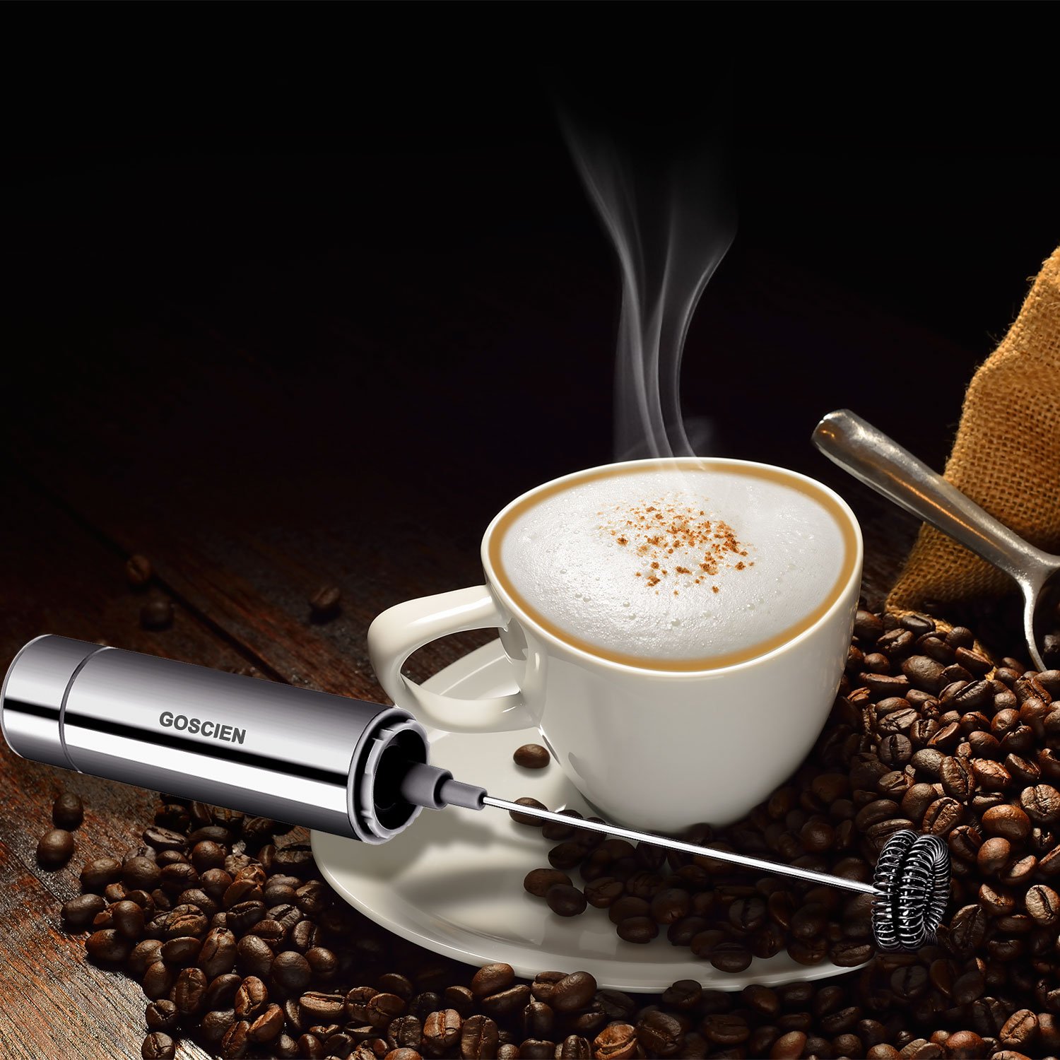 GOSCIEN Handheld Electric Milk Frother - Battery Operated Drink Mixer with 2 Stainless Steel Whisk & Storage Tube for Cappuccino, Latte, Bulletproof Coffee - Perfect for Home, Office & Coffee Shops