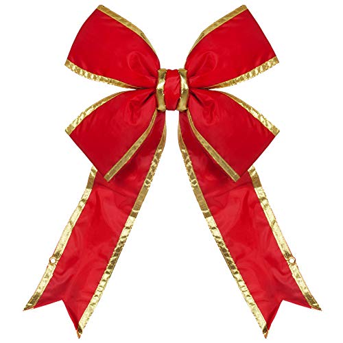 18 Inch Large Red Christmas Bow with Gold Trim - 3D Nylon Outdoor Holiday Decoration for Commercial & Home Use - Perfect for Doors, Wreaths, and Christmas Tree Decor