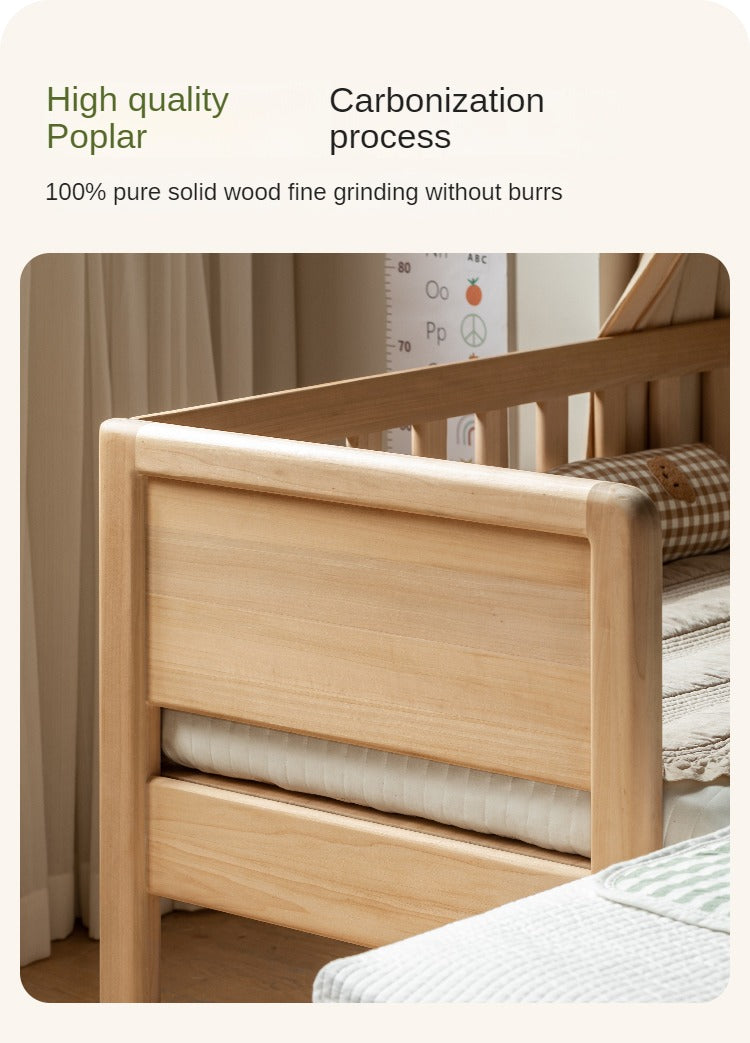 Solid Wood Poplar Kids Bed with Guardrail - Safe & Sturdy Toddler Bed for Nursery, Bedroom, or Playroom