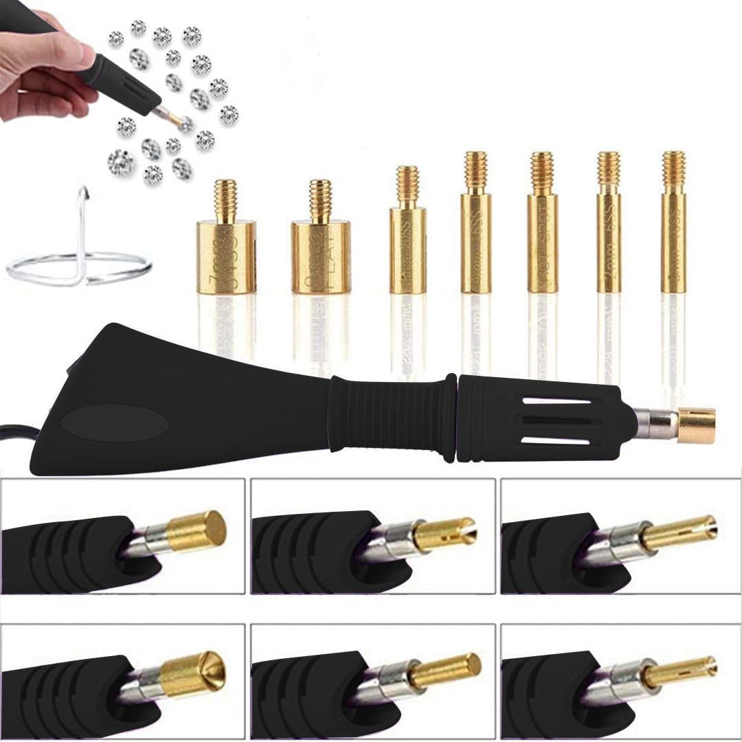 Professional 7-in-1 Hotfix Rhinestone Applicator Kit with 7 Size Tips & Stand - Crystal Gem Iron-on Tool for DIY Clothing, Shoes, Bags & Accessories (Black) | Perfect for Costume Design, Wedding Dresses & Craft Projects