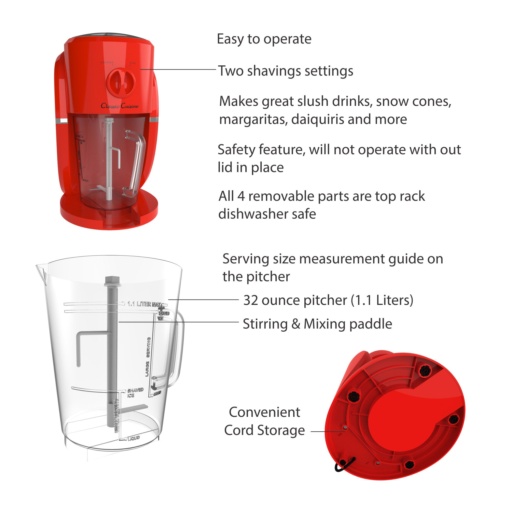 Frozen Drink Maker Machine - Margarita, Pina Colada & Daiquiri Mixer with Ice Crusher for Cocktails, Slushies & Shaved Ice Treats | Perfect for Parties, Bars & Home Use | Classic Cuisine (Red)