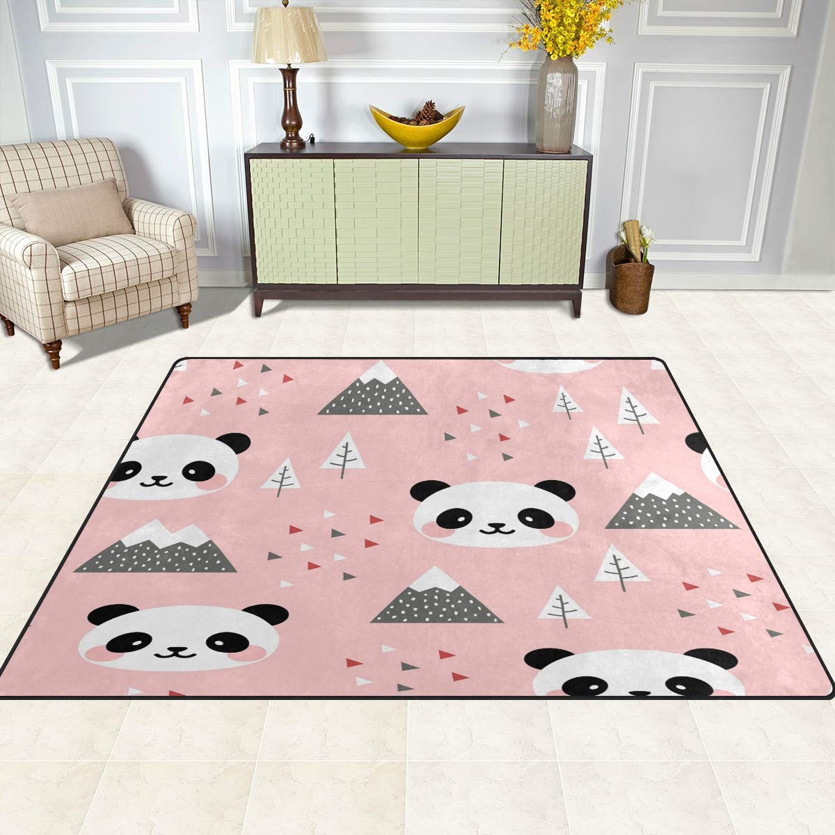 ALAZA Soft Cartoon Panda Mountain Tree Area Rug - 7' x 5' Non-Slip Kids Nursery Rug for Living Room, Bedroom & Playroom - Cute Animal Themed Floor Mat for Home Decor