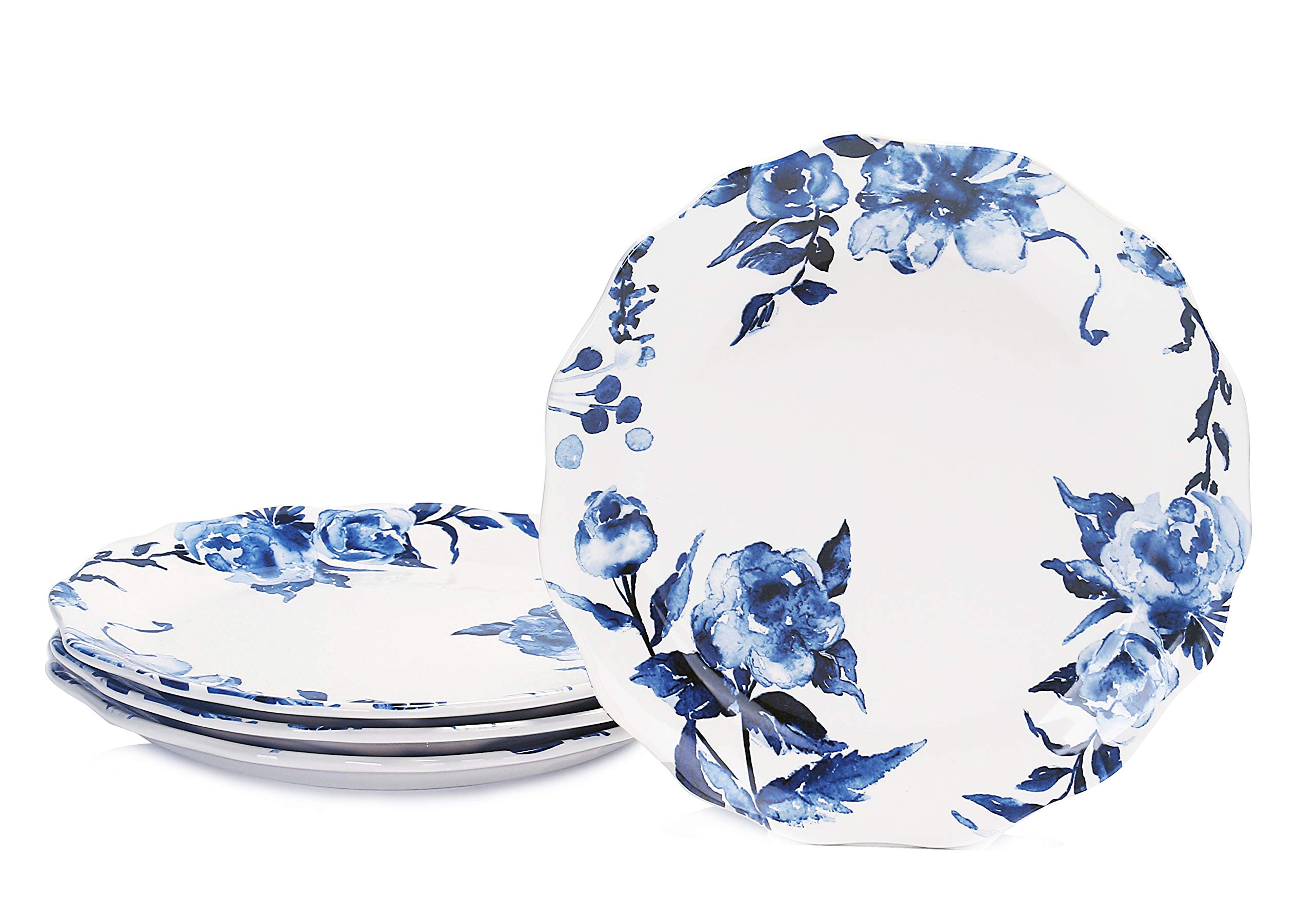 Bico 11 Inch Ceramic Dinner Plates Set of 4 - Blue Watercolor Floral Scalloped Edge Plates for Pasta, Salad, Main Course | Microwave & Dishwasher Safe | Perfect for Dinner Parties, Wedding Receptions & Home Decor