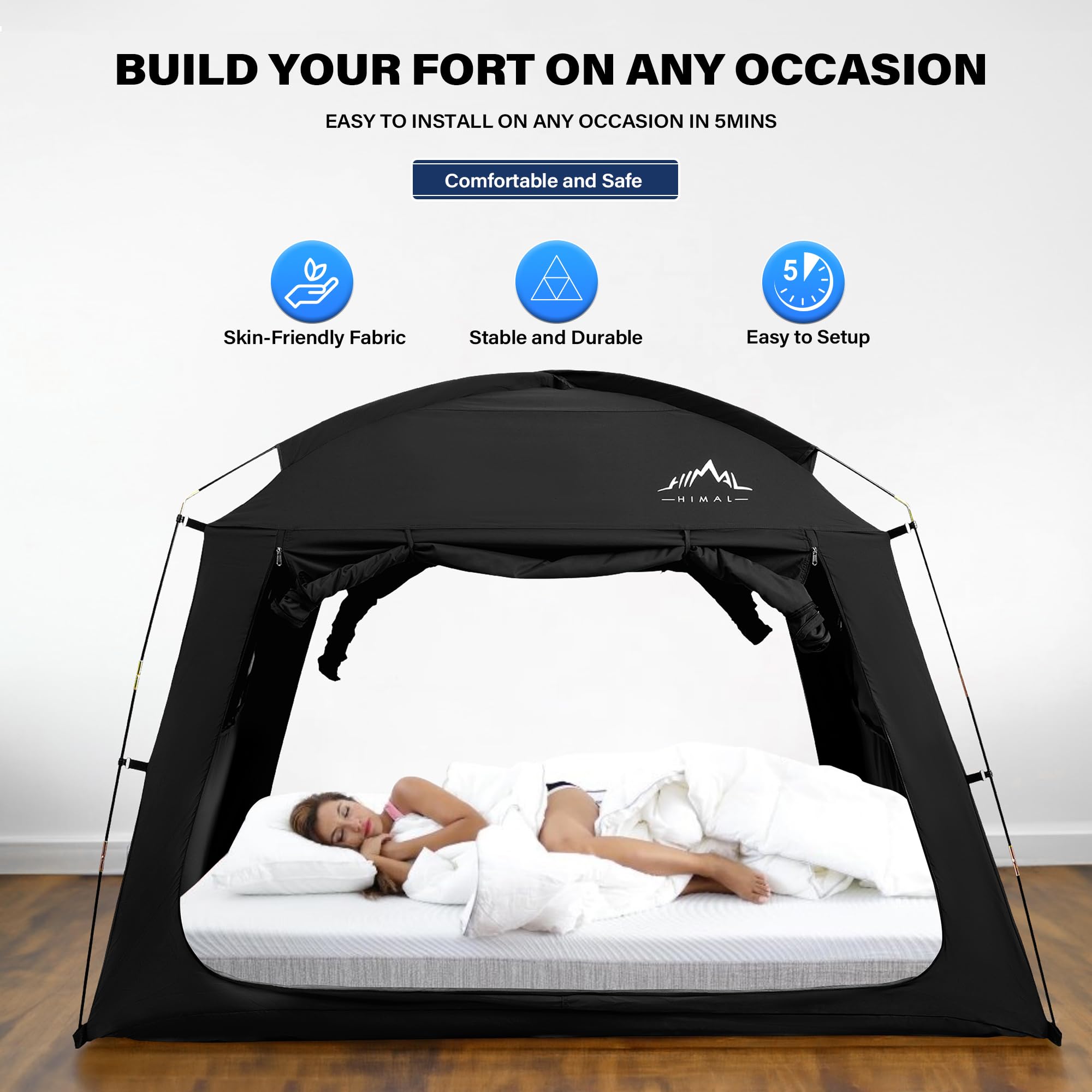 Queen Size Bed Tent for Indoor Use - Portable Light Reducing Canopy with Breathable Fabric, Lightweight & Private Space (Black) - Perfect for Napping, Reading, and Creating a Cozy Retreat