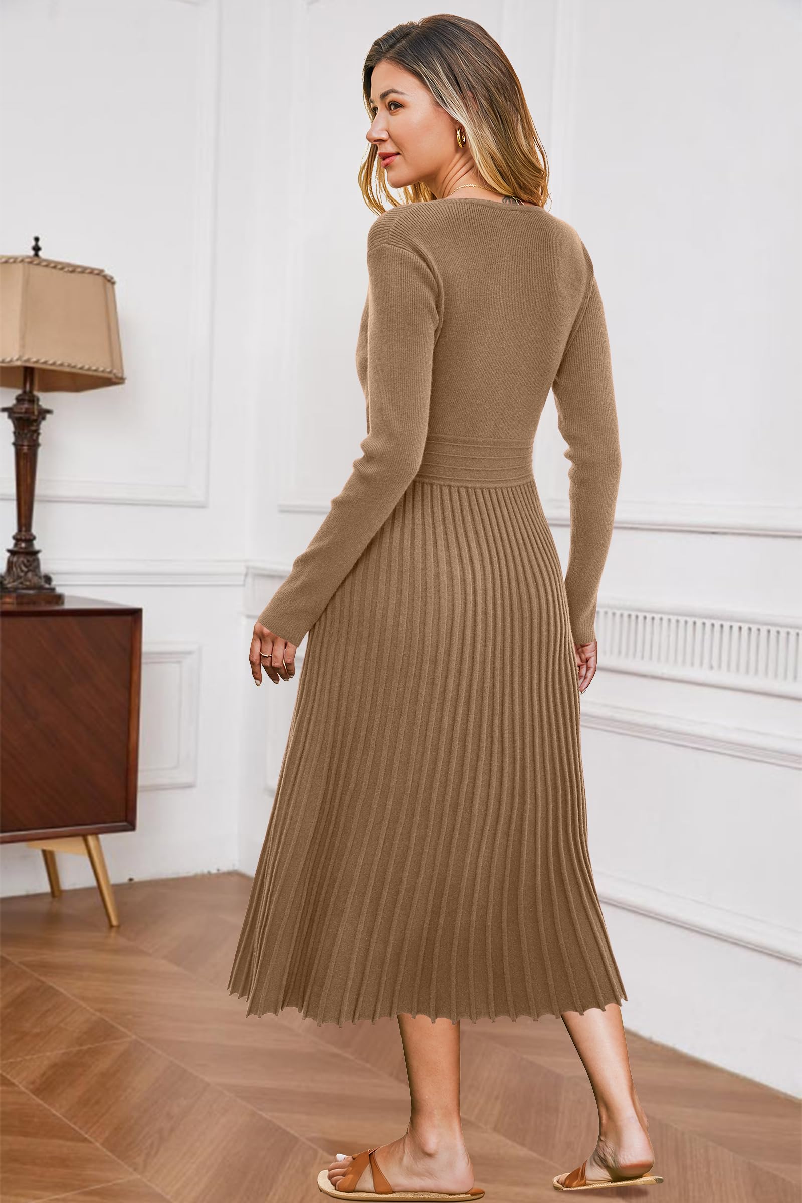 OUGES Women's 2024 Fall Maternity Dress - Long Sleeve Wrap V-Neck Pleated Midi Sweater Dress for Pregnancy | Trendy Casual Outfit for Work, Baby Shower & Autumn Photoshoots
