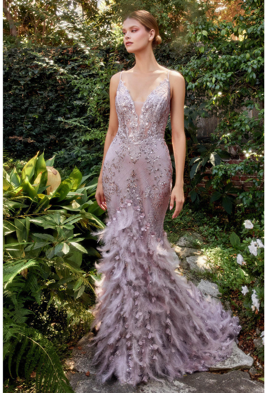 Elegant Feather Mermaid Gown A1116 MAUVE by Andrea & Leo - Perfect for Prom, Evening Gala, and Special Occasions
