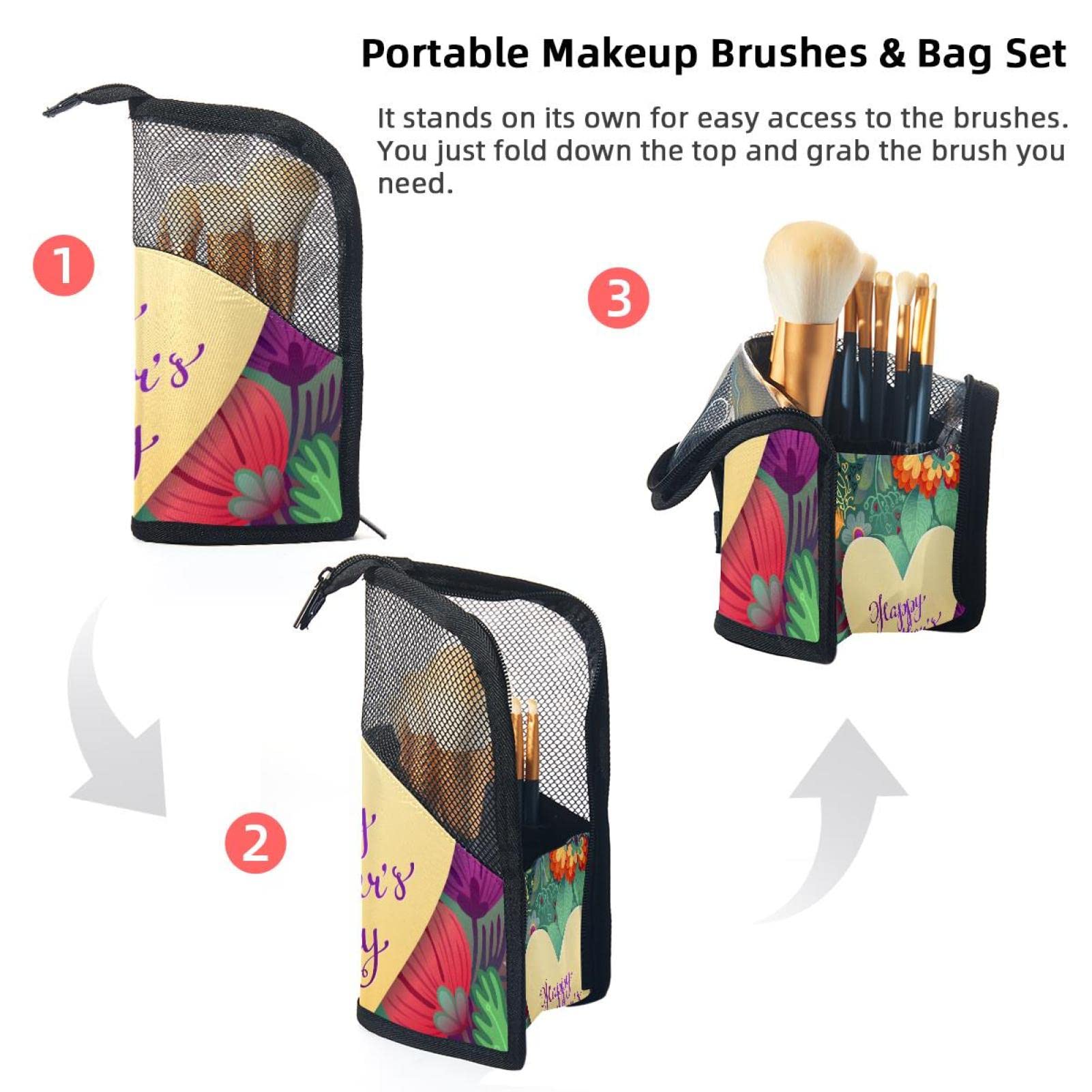12-Piece Makeup Brush Organizer Bag with Heart Flower Design - Portable Cosmetic Brush Holder Case for Travel & Storage - Perfect Mother's Day Gift for Makeup Lovers