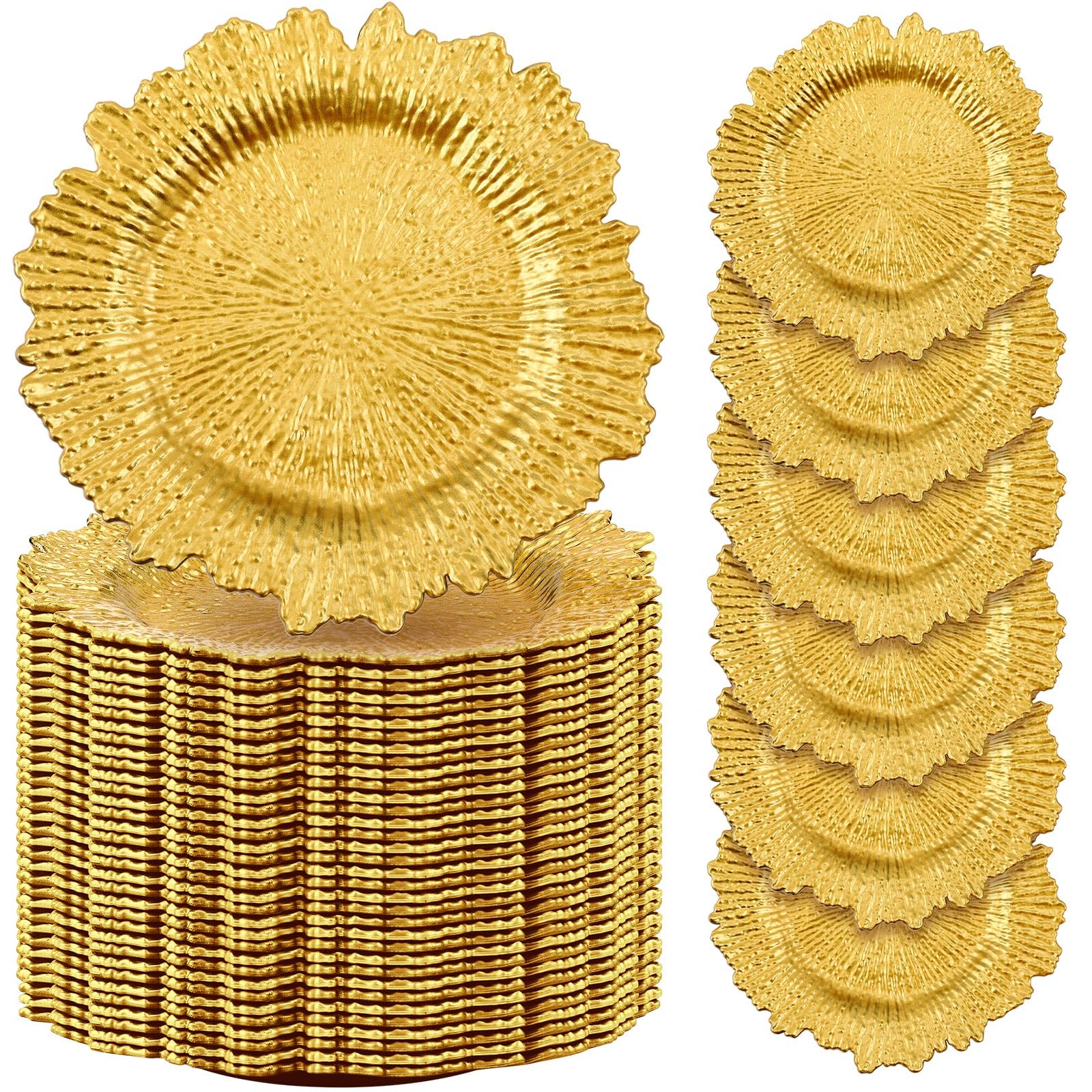100 Pcs Gold 13 Inch Plastic Wedding Charger Plates - Floral Decorative Plates with Metallic Ruffled Rim for Wedding Party, Holiday Events & Special Occasions - Elegant Table Setting for Banquets, Bridal Showers & Anniversary Celebrations