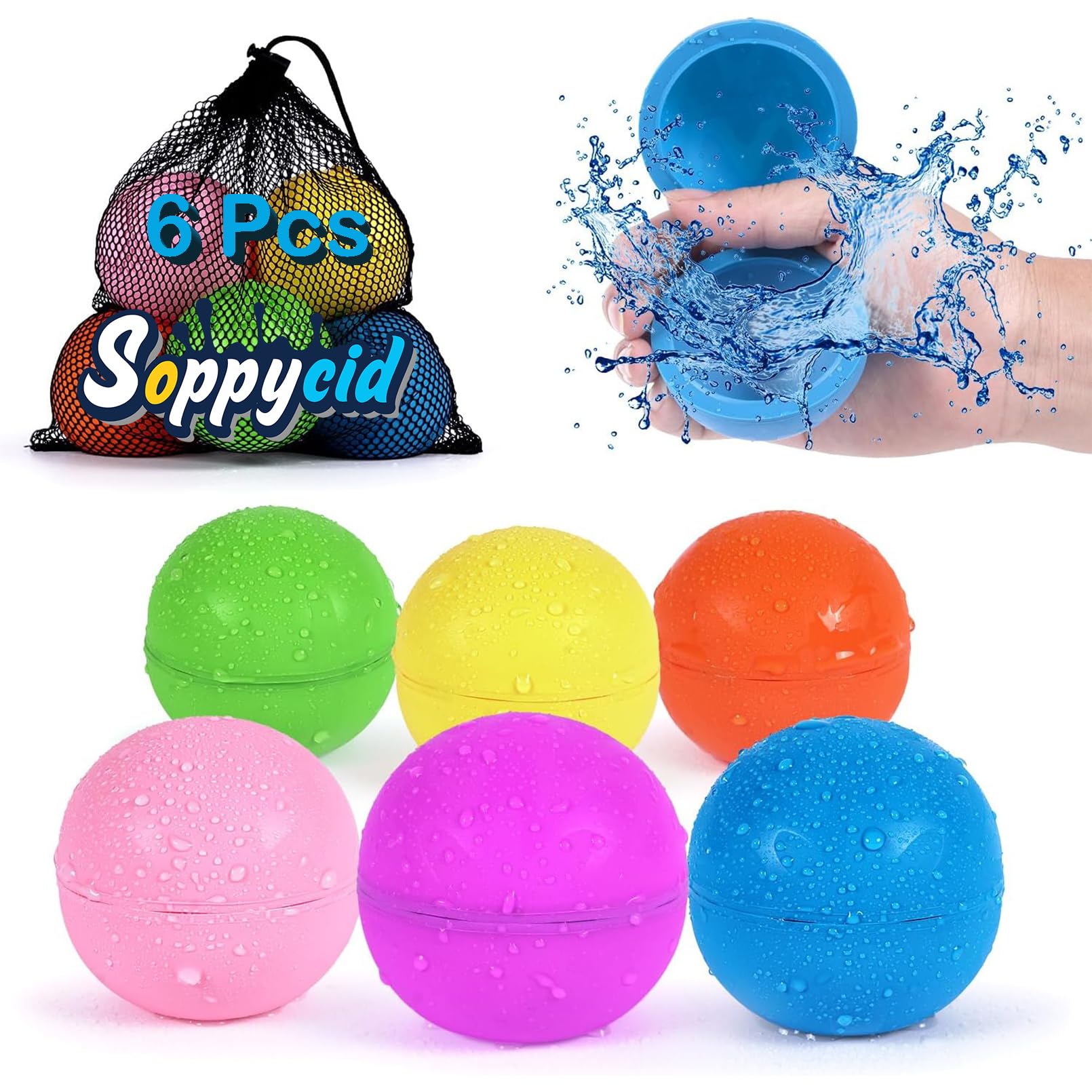 98K Reusable Water Balloons 6Pcs with Mesh Bag - Self-Sealing Silicone Water Balloons for Kids, Latex-Free & Eco-Friendly - Easy Fill Summer Water Toys for Pool, Beach, Backyard, Outdoor Parties & Birthday Games