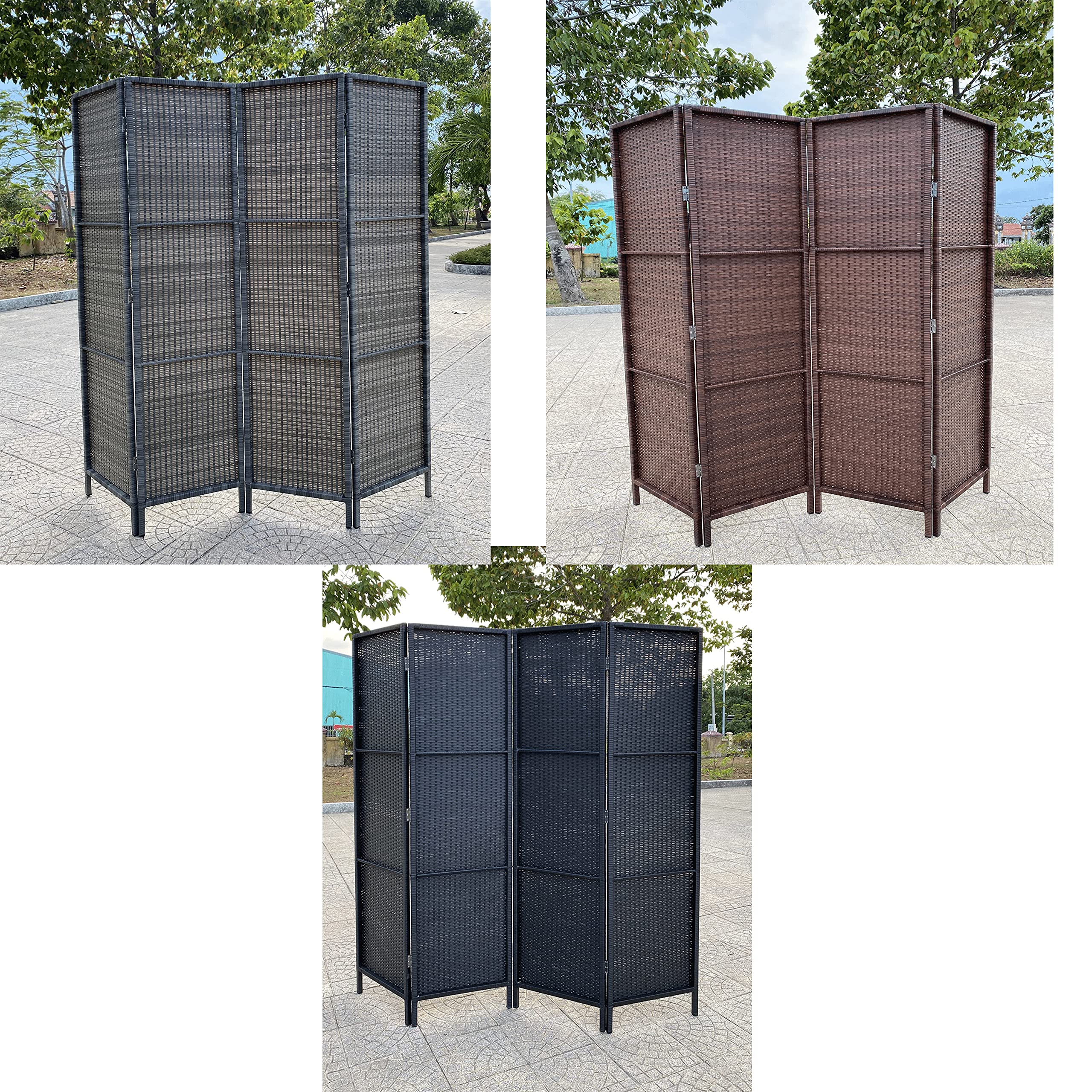 4-Panel Outdoor Privacy Screen - Grey Resin Wicker Room Divider - Weather Resistant Patio Partition for Deck, Poolside, Garden & Balcony