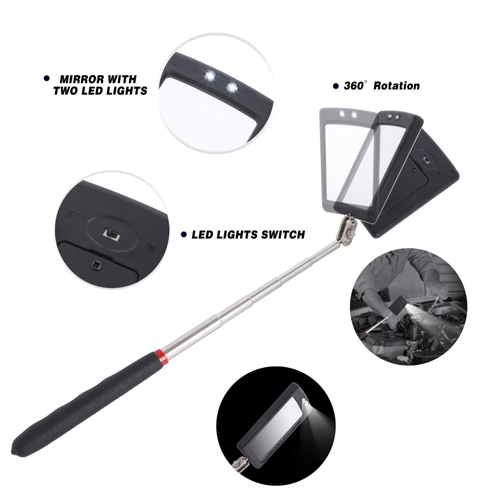 5-Piece Magnetic Pick Up Tool Kit with 1lb & 10lb Pick Up Rods, 360° Swivel Adjustable Inspection Mirror & Flexible LED Flashlight - Telescopic Magnetic Grabber for Automotive Repair, Construction & Home Maintenance