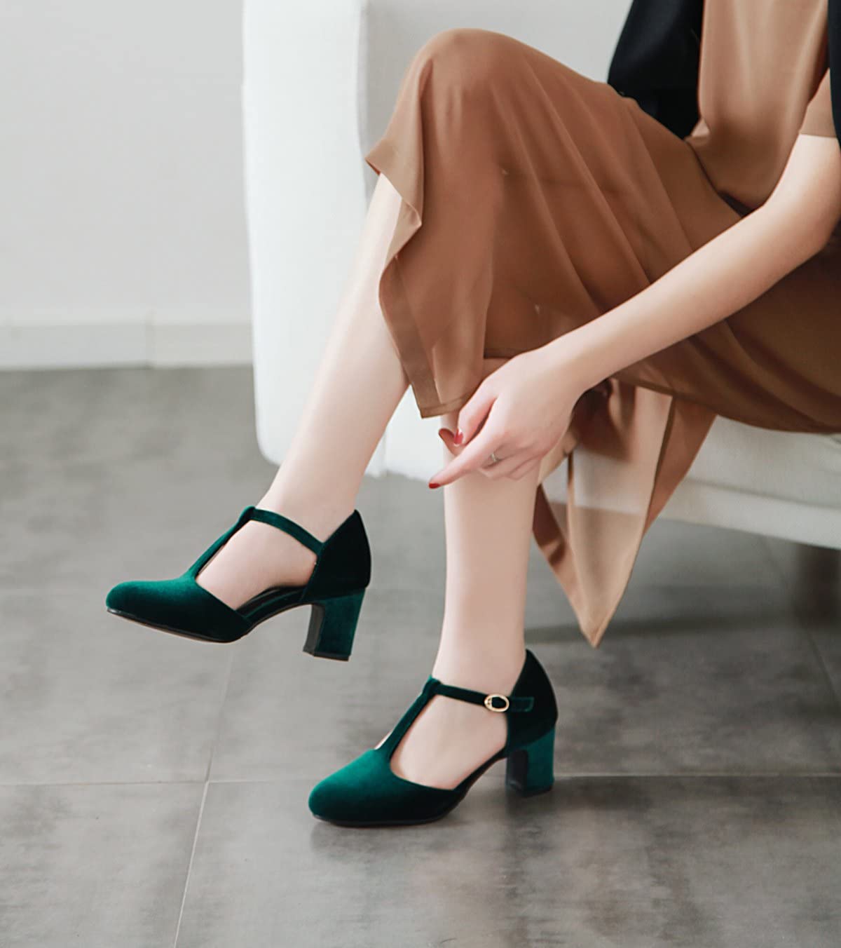 Women's T-Strap Velvet Chunky Heel Pumps - Black & Green Closed Toe Dress Shoes with Ankle Strap | Perfect for Evening Parties, Weddings & Formal Events