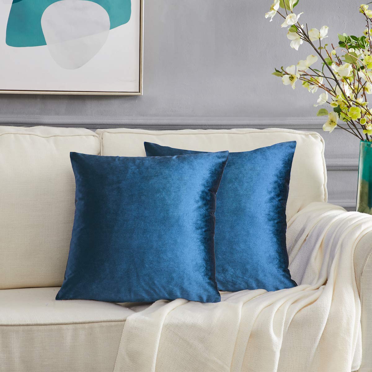 GIGIZAZA Velvet Decorative Throw Pillow Covers Set of 2 - 22x22 Inch Blue Square Cushion Covers for Sofa, Couch & Bed - Soft Luxury Pillow Cases for Living Room, Bedroom & Home Decor