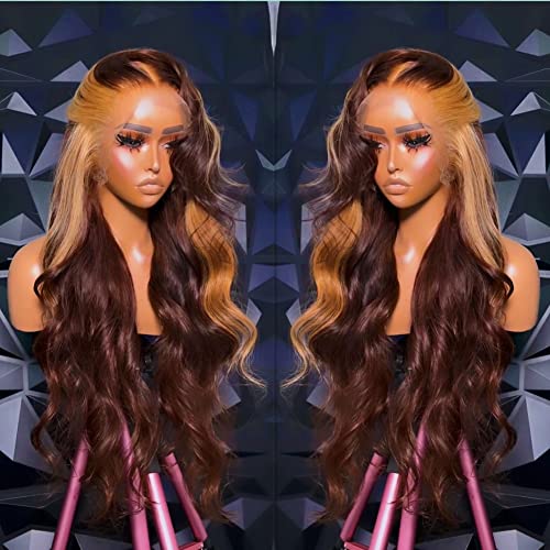 30 Inch Ombre Highlight Honey Blonde to Chocolate Brown Human Hair Lace Front Wig with 13x4 Transparent HD Lace - Body Wave Skunk Stripe Lace Front Wig for Women | Perfect for Cosplay, Daily Wear & Special Occasions