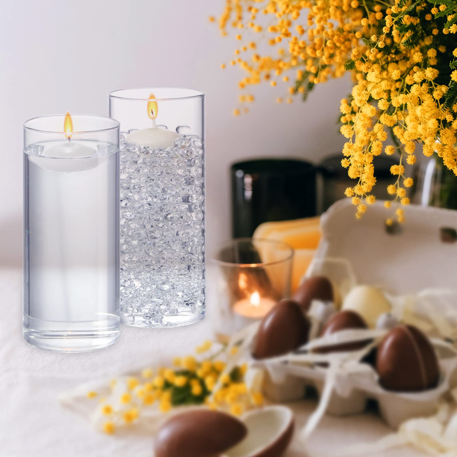 6 Pack 6 Inch Tall Clear Glass Cylinder Vases with 12 White Floating Candles - Wedding Centerpieces, Home Decor, Table Decorations for Dining Room, Party & Special Events