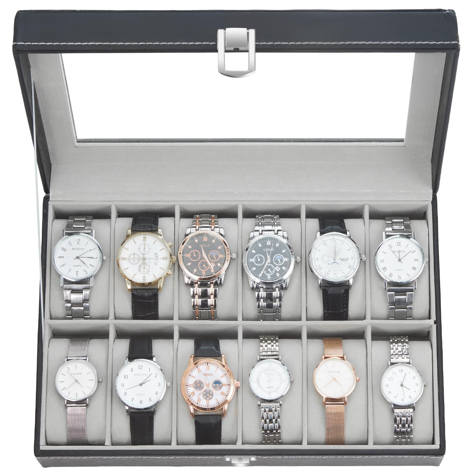 Ohuhu 12-Slot PU Leather Watch Box with Real Glass Lid - Soft Velvet Jewelry Organizer & Watch Display Case for Men and Women - Perfect for Watch Collection Storage, Birthday Gifts & Home Décor