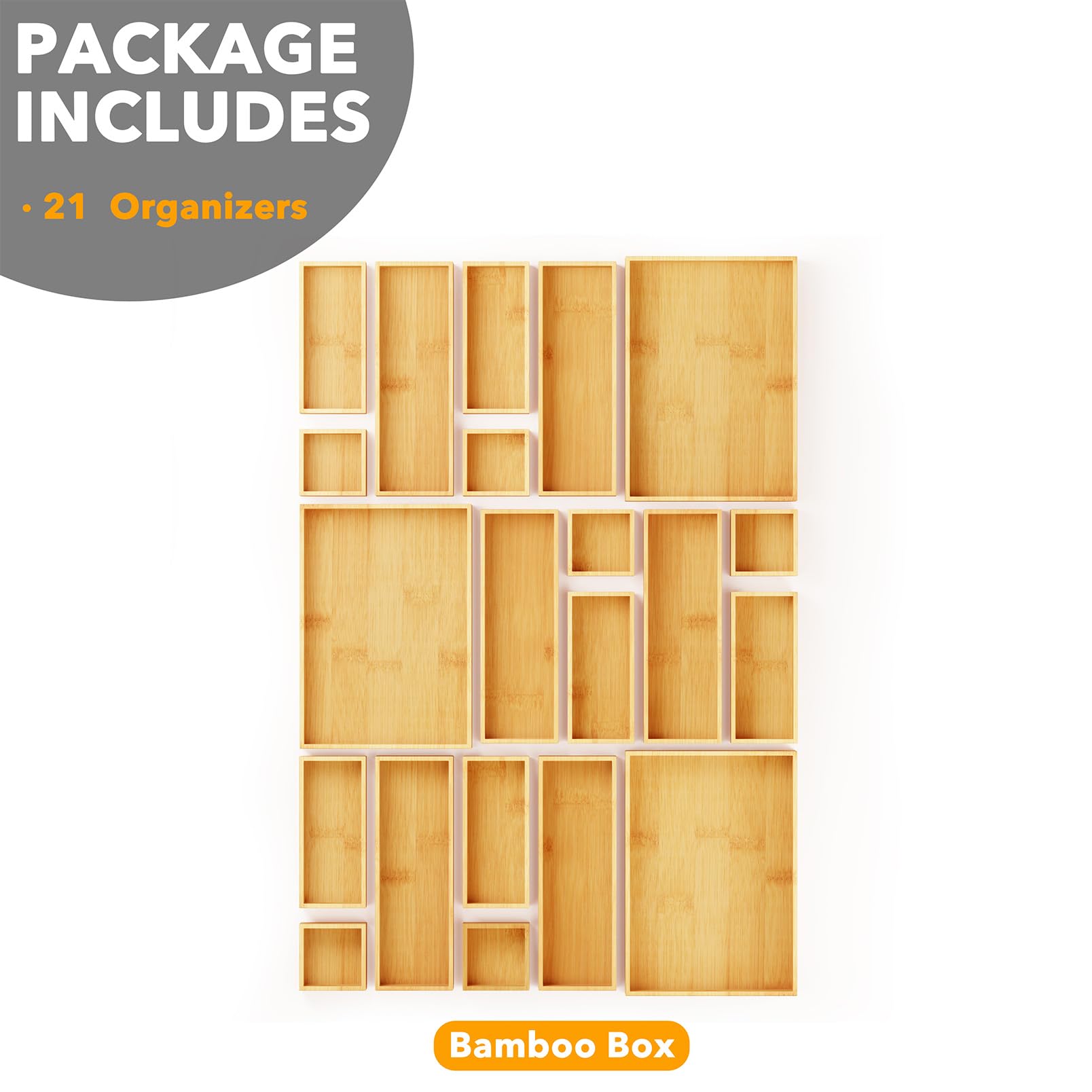 SpaceAid 21-Piece Bamboo Drawer Organizer Set - Wooden Storage Trays & Dividers for Kitchen, Bathroom, Office & Makeup Organization - Natural Bamboo Drawer Organizers (21 Pack) - Perfect for Decluttering Drawers, Organizing Utensils & Storing Small Items