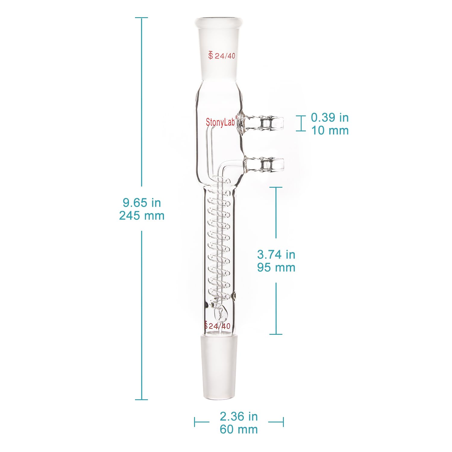 Stonylab Borosilicate Glass Coil Reflux Condenser with 24/40 Joints & Hose Connections - 245mm Dimroth Style for Chemistry Lab Distillation & Essential Oil Extraction