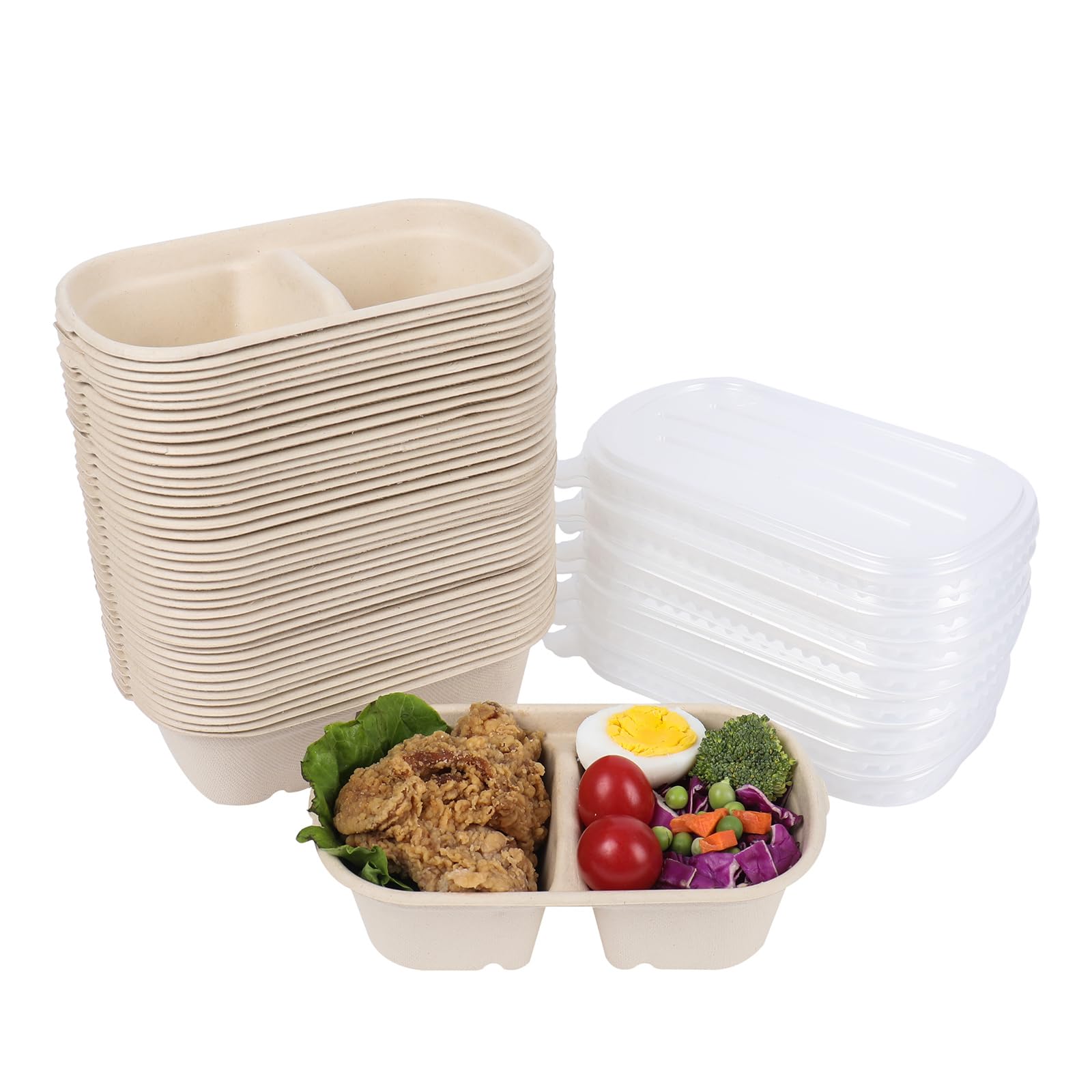 23 oz Eco-Friendly Disposable Bowls with Lids - 2 Compartment Sugarcane Fiber Food Containers for Meal Prep & Storage (50 Pack) | Perfect for Parties, Picnics & Takeout