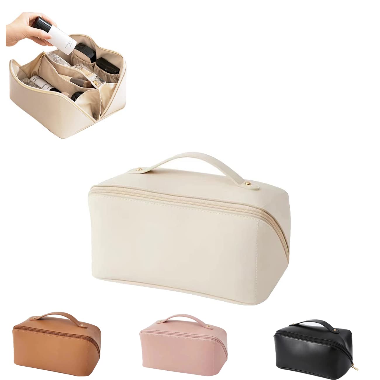 Large Capacity Water-Resistant Travel Cosmetic Bag Organizer with Brushes Slots & Dividers - Multi-Layer Makeup & Toiletry Case for Women (White) | Perfect for Vacation, Business Trips & Gym Essentials Storage