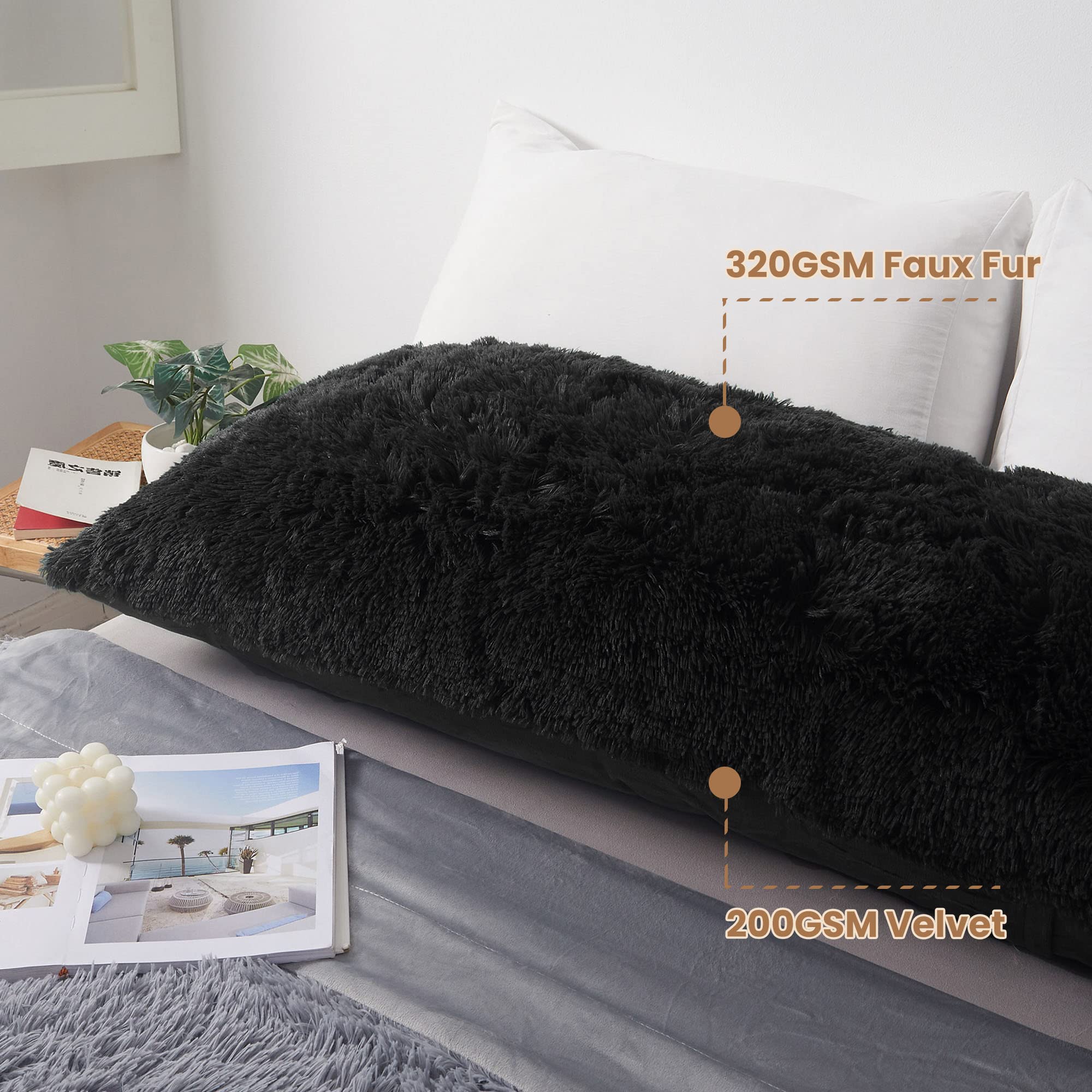 Luxury Fluffy Body Pillow Cover 20x54 Inches - Soft Shaggy Faux Fur Pillow Case with Zipper Closure, Black Plush Hug Pillow for Bed, Couch & Dorm - Cozy Decorative Furry Bedroom Pillow for Adults & Teens