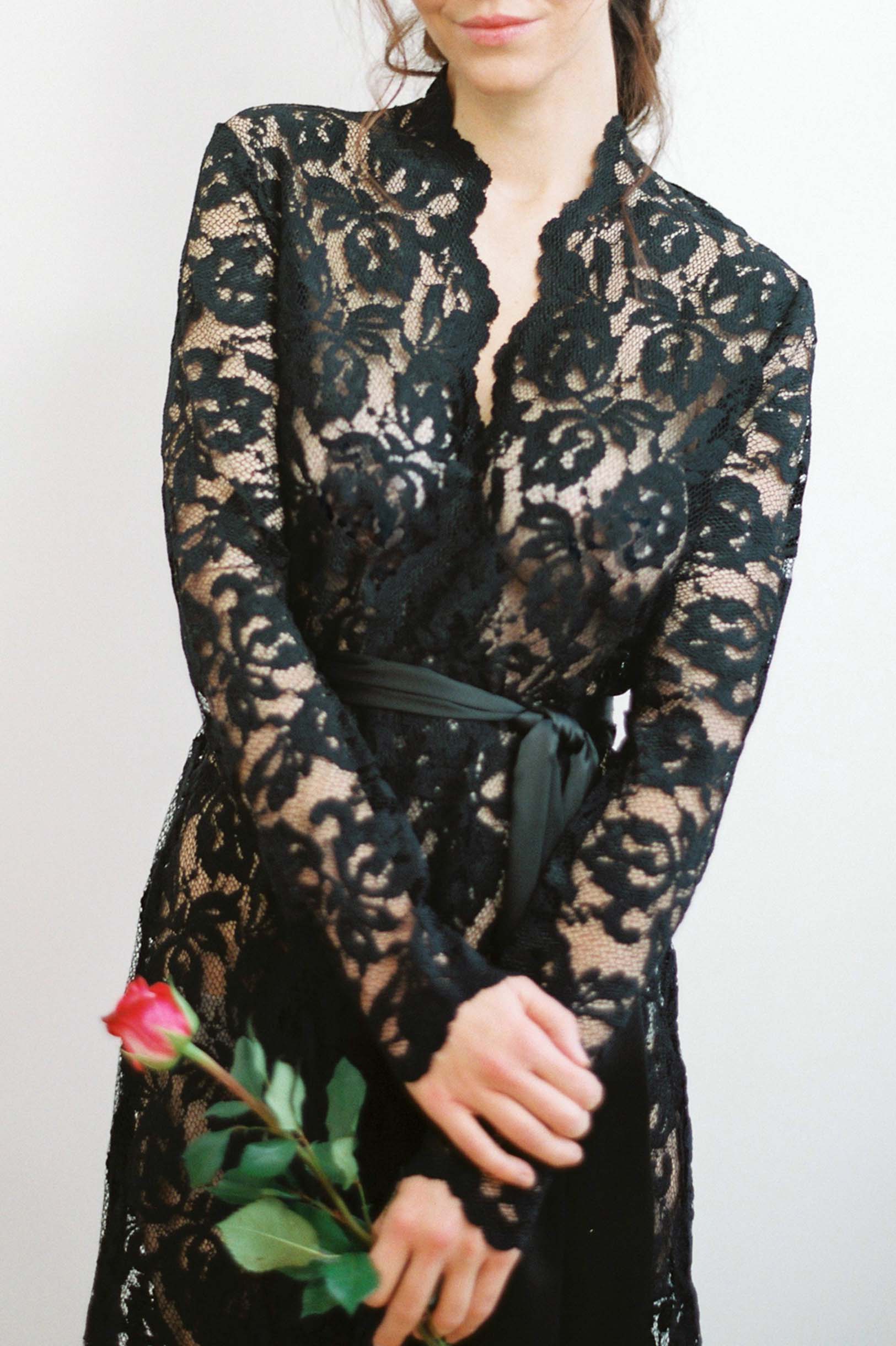 Lauren Stretch French Lace Robe in Black - Elegant Lingerie for Women | Perfect for Bridal, Honeymoon & Special Occasions